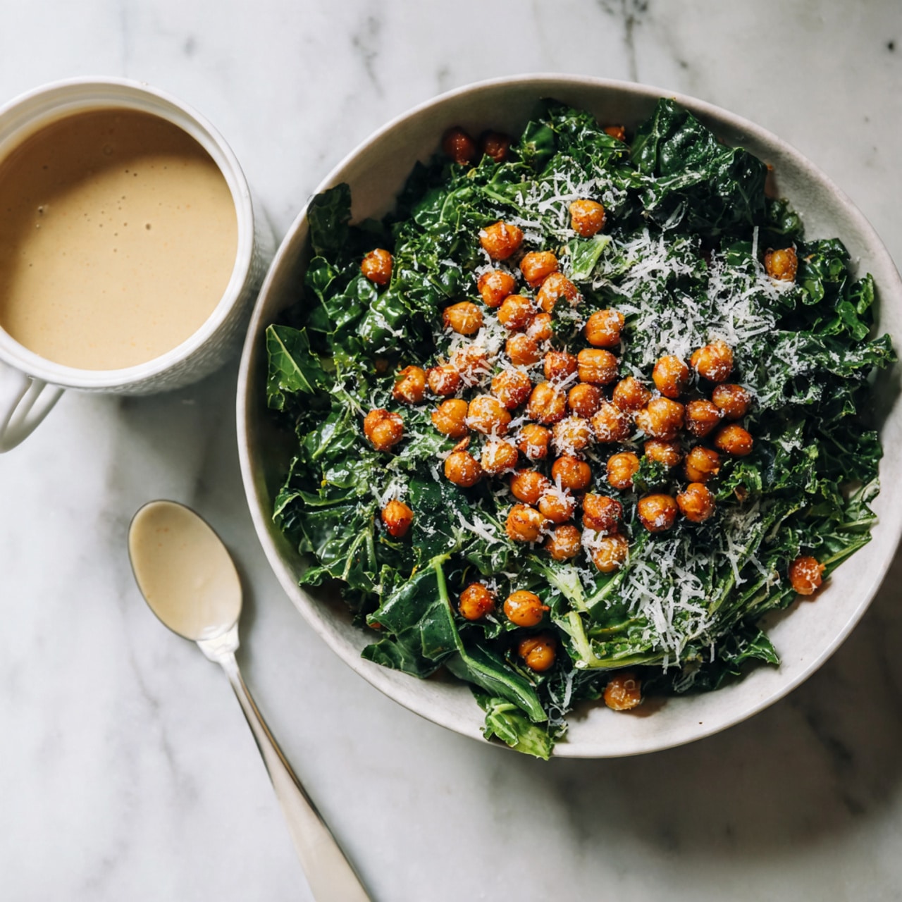 A white round plate holds a kale salad with curly dark green leaves as the base layer, coated lightly with a creamy dressing. Scattered on top are small, round, crispy golden-brown chickpeas evenly spread across the salad. In the center, there is a small cluster of dark brown anchovy fillets placed neatly on top of the chickpeas. The plate is set on a white marbled surface with a silver fork beside it. Photo taken with an iphone --ar 4:5 --v 7