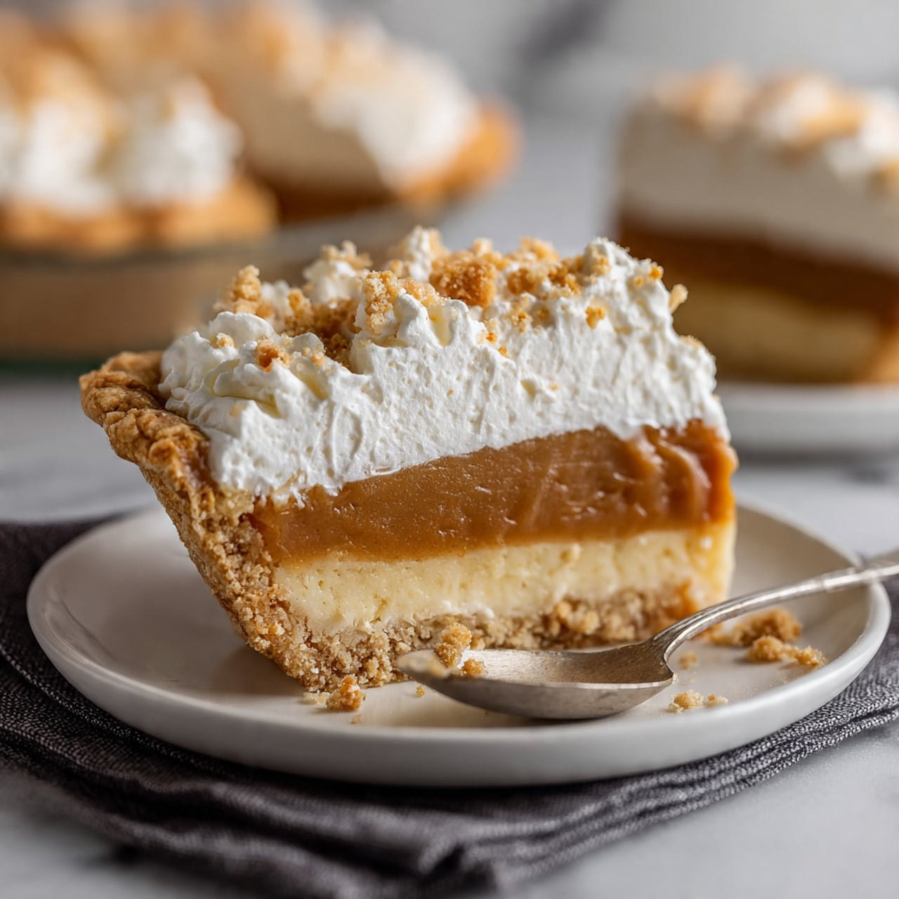 A sliced pie in a white pie dish shows three layers: the bottom layer is a thin, golden-brown crispy crust with a wavy edge, the middle layer is a thick, smooth caramel-colored filling, and the top layer is fluffy white whipped cream sprinkled with small light brown nut pieces. The pie is on a white marbled surface with some crushed nuts scattered around. Photo taken with an iphone --ar 4:5 --v 7