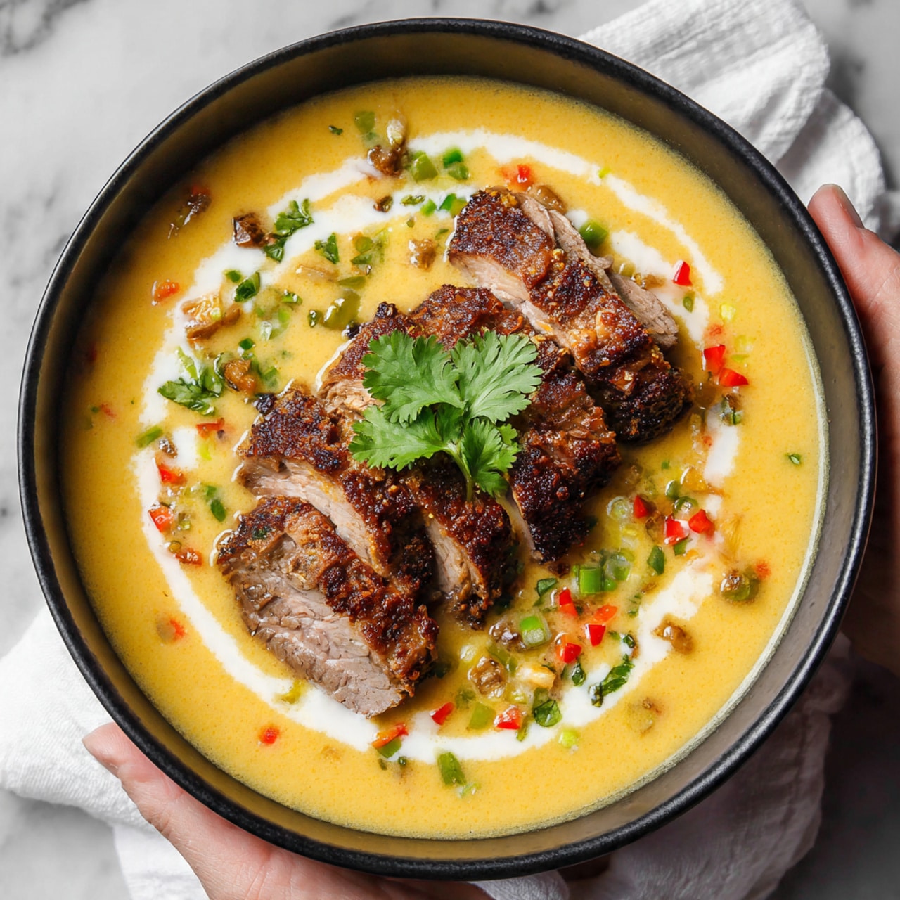 A close-up of a black bowl filled with creamy yellow soup with white cream swirls on the surface. In the center, there is a pile of sliced, dark brown roasted meat with crispy edges. Around the meat, there are small bits of diced red and green peppers and some chopped herbs. A sprig of fresh green cilantro sits on top as a garnish. The bowl is set on a white marbled surface with a white cloth underneath. photo taken with an iphone --ar 4:5 --v 7