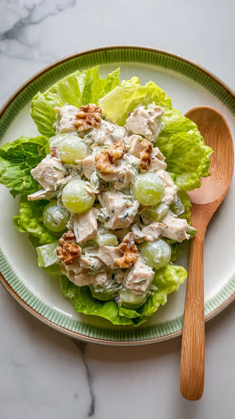 A white plate with a green rim holds a layer of large light green lettuce leaves forming a bed. On top is a creamy salad made of pale white cubes of chicken, sliced light green grapes, small light green celery pieces, and bits of brown walnuts, all mixed in a white sauce. A wooden spoon rests on the right side of the plate, partially under the salad. The plate is on a white marbled surface. photo taken with an iphone --ar 4:5 --v 7