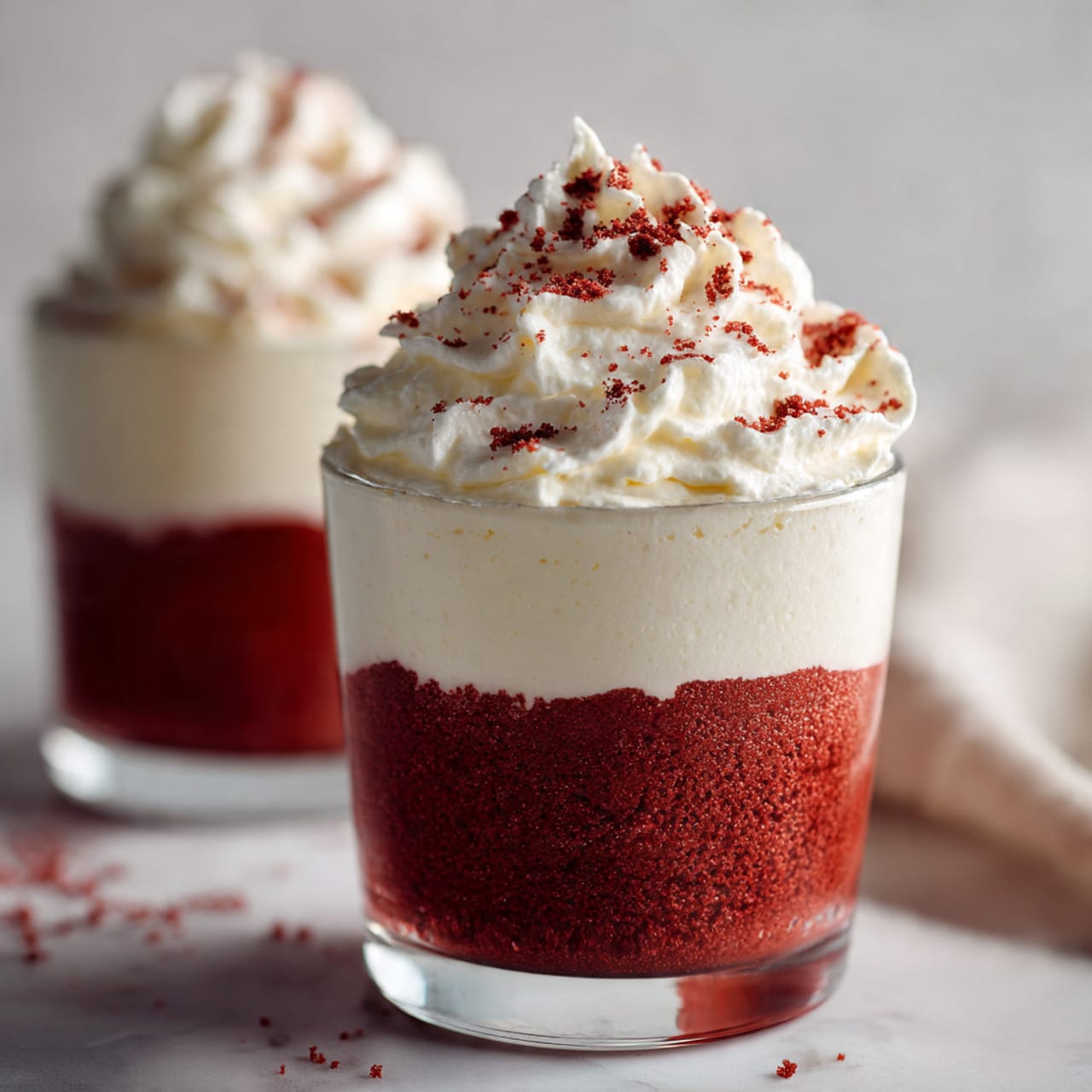 The image shows two clear glass cups filled with a red textured dessert that looks thick and slightly chunky. Each cup is topped with a fluffy layer of white whipped cream that rises above the cup’s rim, decorated with small red crumbs sprinkled on top. One cup is placed on a white round cake stand with a smooth finish, while the other cup is directly on the white marbled surface, which also has some scattered red crumbs around. In the background, there is a small plant in a white pot with green and cream-colored leaves, set against a light tiled wall. The scene is bright and clean, with soft natural light highlighting the colors and textures. photo taken with an iphone --ar 4:5 --v 7