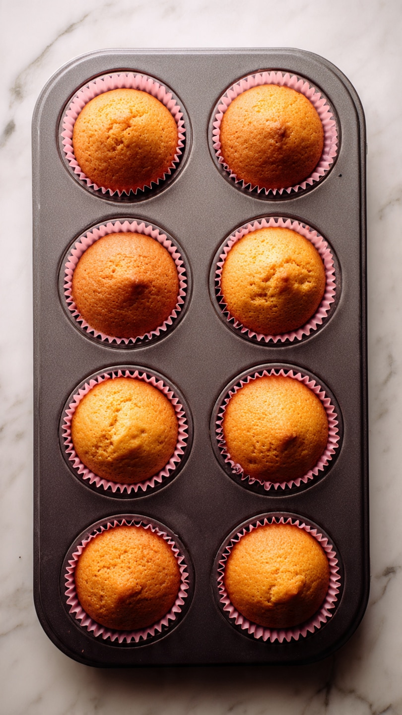 A dark gray metal muffin tray holds twelve golden brown cupcakes, each in a pink paper liner. The cupcakes have a smooth, round dome shape with a light, even texture on top, showing slight cracks and a soft, fluffy appearance. The tray rests on a white marbled surface, with soft, natural lighting highlighting the warm tones of the cupcakes. photo taken with an iphone --ar 4:5 --v 7