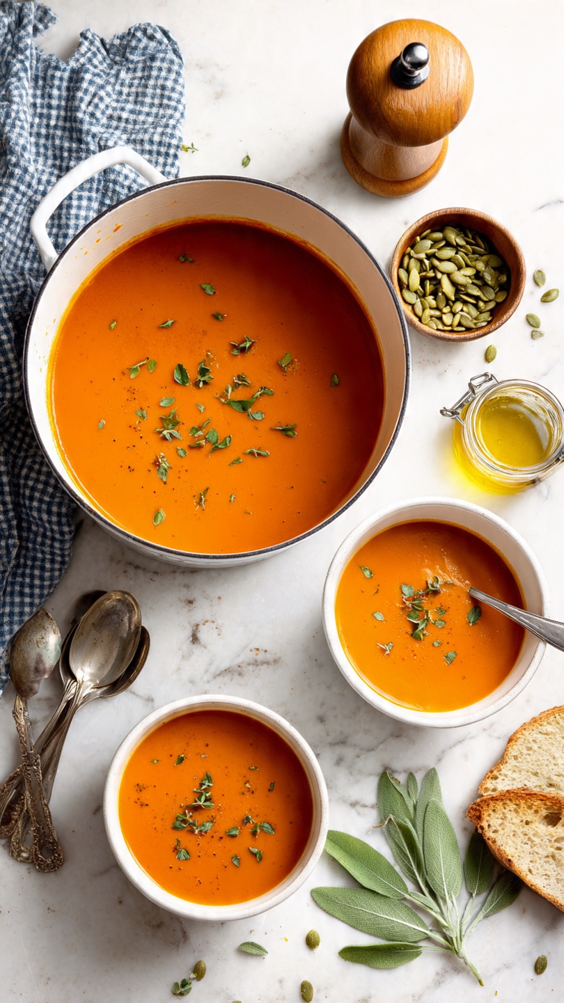 A clear blender container with black handle is filled with a thick yellow orange liquid that looks smooth and creamy, showing some frothy bubbles on top. It stands on a white marbled surface next to a tall wooden pepper grinder on the left and a small clear glass bottle with yellow oil on the right. In front of the blender is a small round wooden bowl holding white salt and a blue and white checkered kitchen towel is placed casually near the base of the pepper grinder. The background is softly lit with neutral tones. photo taken with an iphone --ar 4:5 --v 7