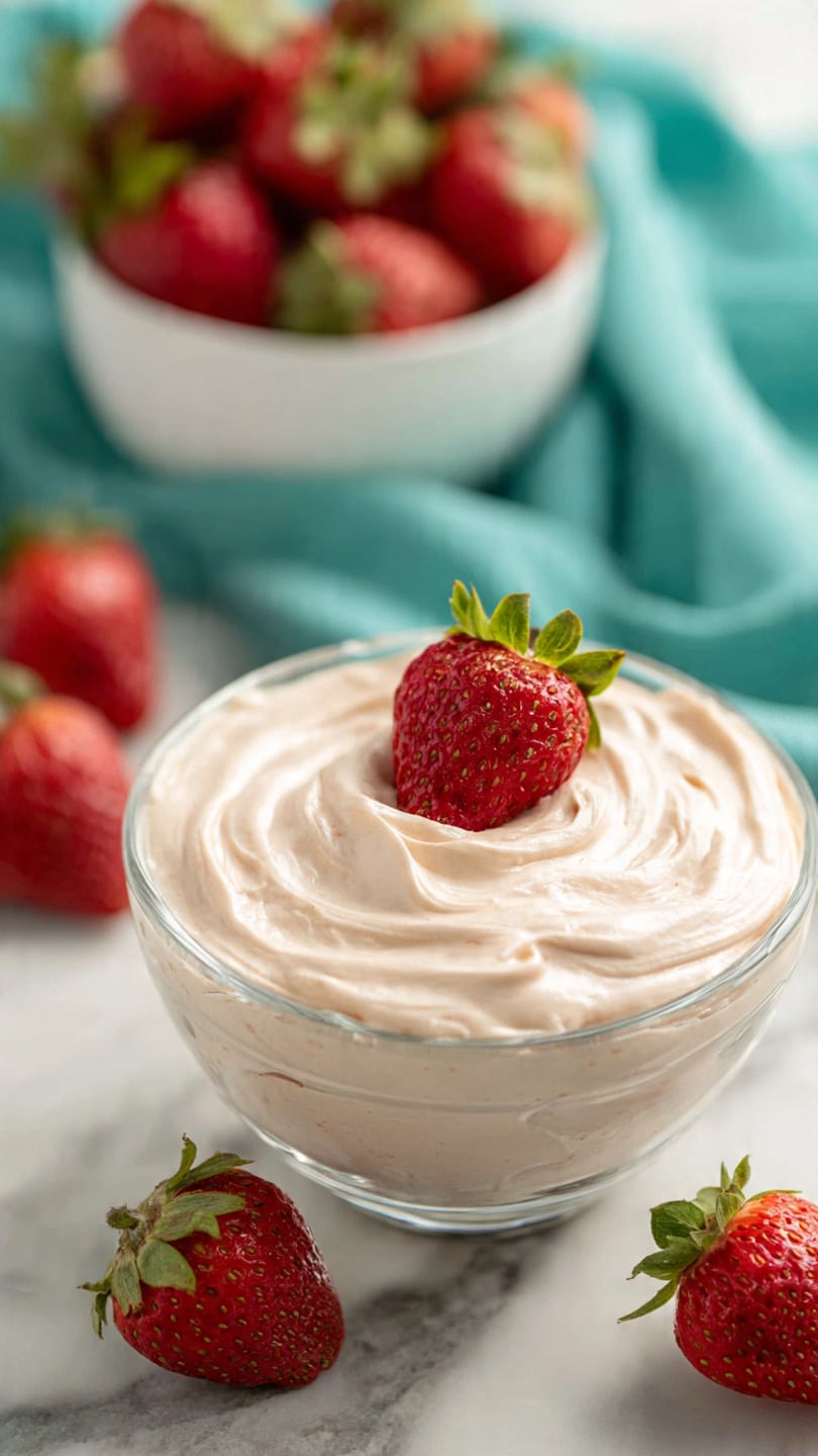 A clear glass bowl holds a thick, fluffy light brown mousse with a smooth whipped texture, swirled lightly on top. A single fresh, red strawberry with bright green leaves sits in the center of the mousse, slightly sunk in. Around the bowl, several fresh strawberries with green tops lie on a white marbled surface, and a white bowl full of more strawberries is blurred in the background. The scene includes a turquoise cloth for color contrast. Photo taken with an iphone --ar 4:5 --v 7