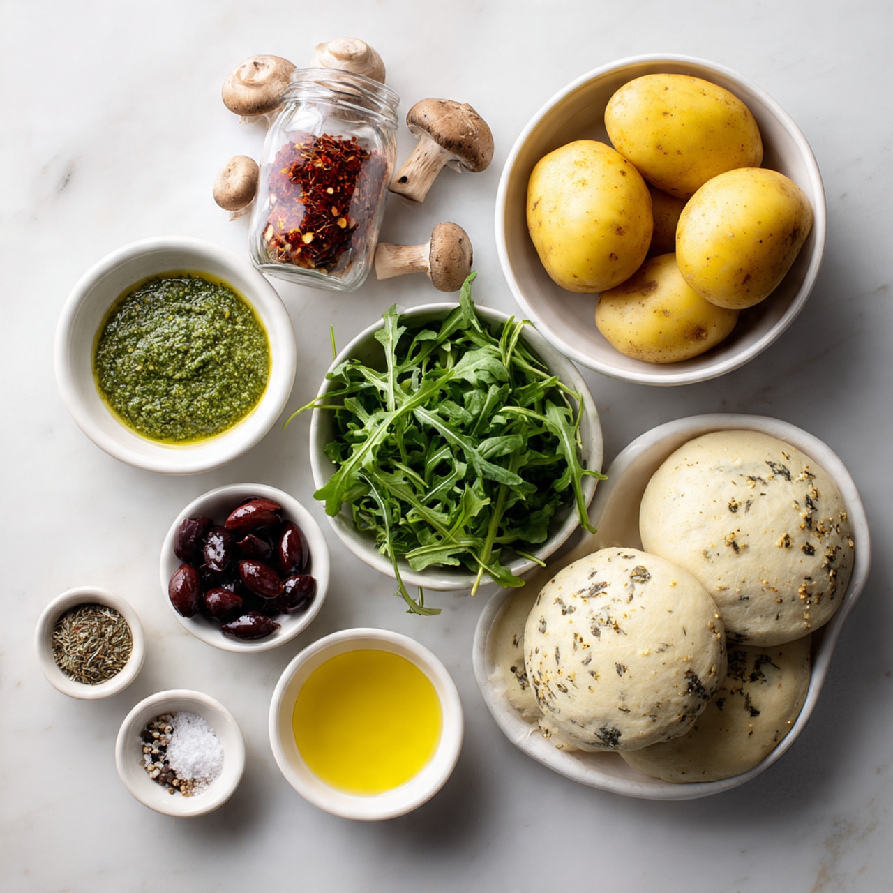 The image shows a white marbled surface with several ingredients arranged neatly. There are two yellow potatoes, a handful of brown mushrooms, a small white bowl with green leafy arugula, and another white bowl with green pesto sauce. A small white bowl contains black Kalamata olives, while another tiny white bowl holds a pale yellow liquid, likely oil or sauce. Another small white bowl contains salt and pepper. There is a glass jar filled with red chili flakes and a plastic bag holding round, pale dough speckled with herbs or seeds. photo taken with an iphone --ar 4:5 --v 7