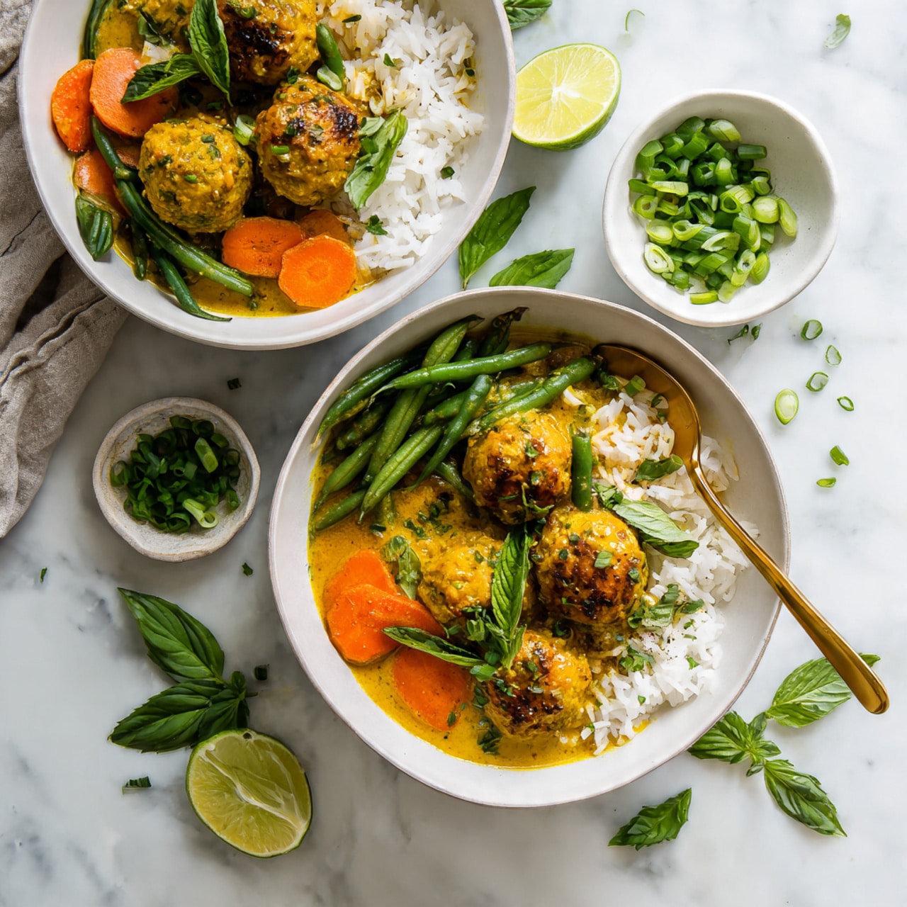 The image shows a bowl filled with a colorful dish featuring several layers. The base is white rice, with green vegetables like chopped green beans and fresh herbs scattered throughout. There are small meatballs coated in a yellow sauce placed on top, some whole and one cut open to show a light interior mixed with herbs. Bright red and orange slices of bell peppers add extra color, and a wedge of lemon sits on the side. Fresh green leaves and chopped herbs are sprinkled on the top, giving it a fresh look. A gold spoon rests in the white bowl, and the background is a white marbled surface. Photo taken with an iphone --ar 4:5 --v 7