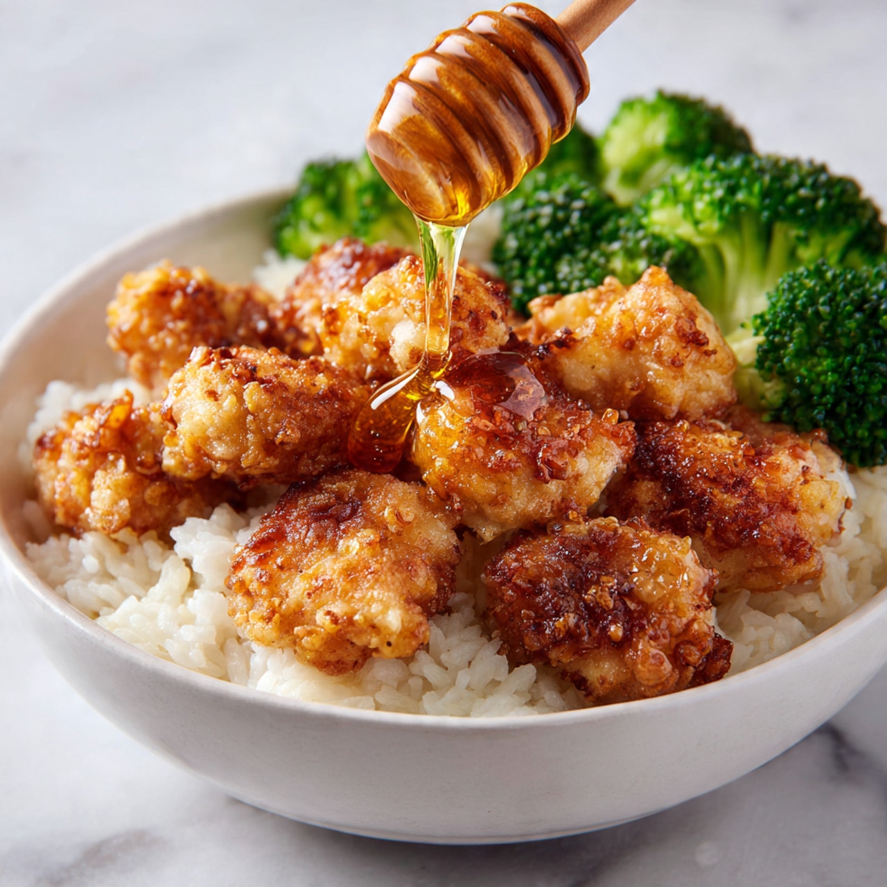 The image shows a white bowl filled with three layers: at the bottom is a layer of white rice with a soft, fluffy texture; on one side, bright green broccoli florets with a slightly shiny surface; on top, golden-brown crispy tofu cubes coated in a glossy sauce, garnished with slices of fresh green onion. The bowl sits on a white marbled surface. photo taken with an iphone --ar 4:5 --v 7