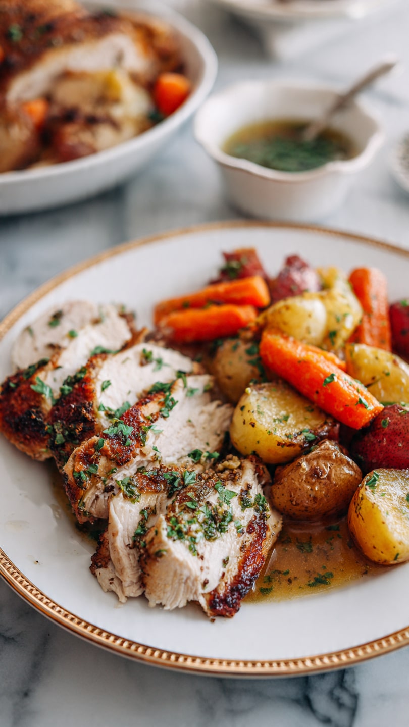 A whole roasted chicken with a crispy, dark brown and golden skin sits in the center of a grey fluted baking pan, resting on chopped roasted vegetables that include orange carrots, purple potatoes, and light brown onions, all showing a roasted texture. The pan is placed on a soft cream-colored cloth with visible folds on a white marbled surface. In the bottom right corner, part of a white bowl filled with chopped green herbs is visible. The lighting highlights the shiny skin of the chicken and the warm colors of the vegetables. Photo taken with an iphone --ar 4:5 --v 7