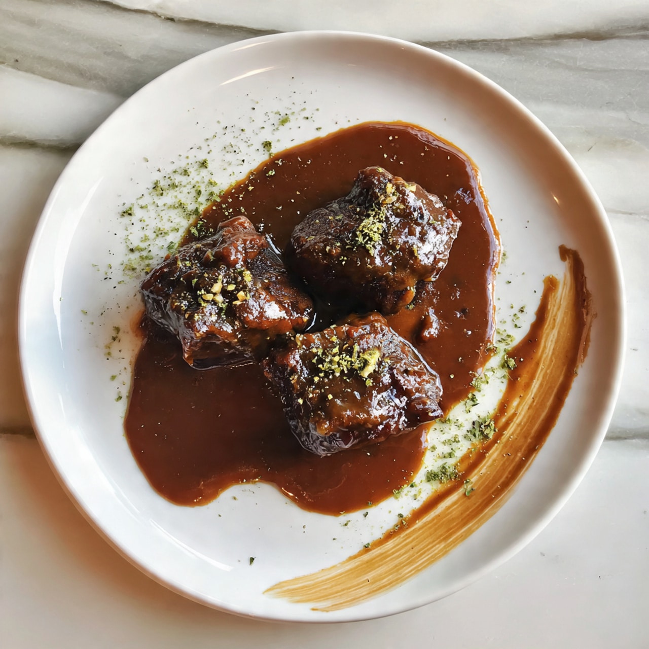 Three dark brown meat pieces covered in thick rich brown sauce are placed near the center of a white plate. There is some green herb sprinkle around the meat and sauce is smeared in a wide brushstroke on the right side of the plate. The surface under the plate has a white marbled texture. photo taken with an iphone --ar 4:5 --v 7