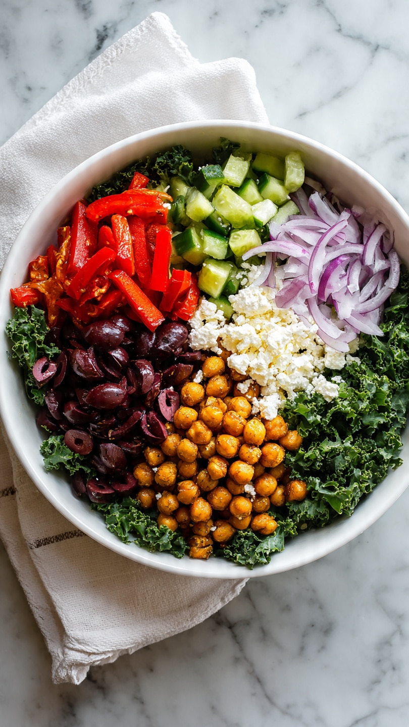 A white bowl filled with six distinct layers of fresh ingredients arranged in a circle. At the base, there is a layer of chopped green kale. On top of the kale and arranged in segments are bright red strips of roasted pepper on the left, dark purple Kalamata olives below it, golden brown roasted chickpeas in the center, creamy white crumbled cheese to the right of the chickpeas, fresh light green chopped cucumber above the cheese, and thin pale purple onion slices above the cucumber. The bowl is placed on a white marbled surface with a white cloth featuring subtle stripes next to it. Photo taken with an iphone --ar 4:5 --v 7