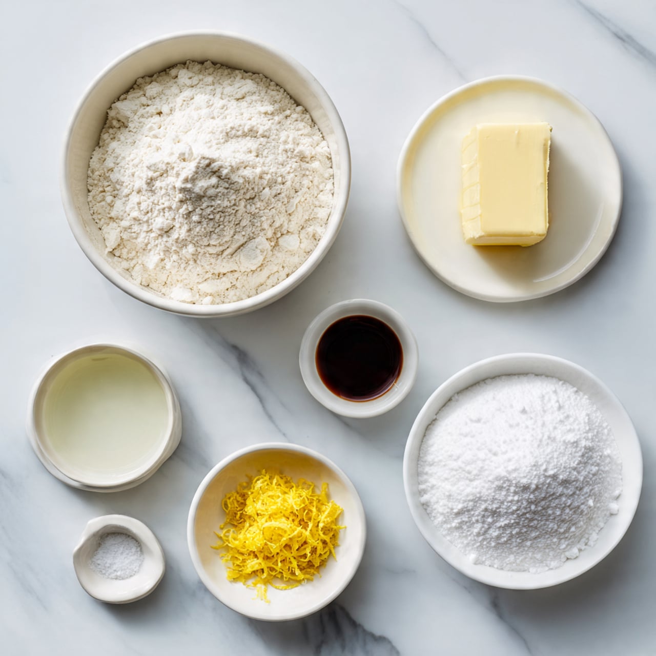 A close-up view of many round cookies covered thickly with white powdered sugar, each cookie having a soft beige color visible under the sugar dust. The cookies are laid out on a white marbled surface with some scattered powdered sugar around them, giving a light, powdery texture. Among the cookies, there are two thin lemon slices with bright yellow skin and pale yellow flesh, showing their segments clearly. The cookies form a somewhat irregular pattern, fitting closely together, with soft lighting that highlights their fluffy texture and the rough powdered sugar layer. photo taken with an iphone --ar 4:5 --v 7
