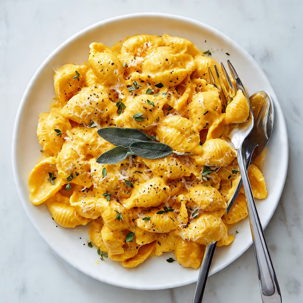 A close-up view of a white pot filled with creamy macaroni pasta coated in a bright orange cheese sauce. The pasta shells are mixed evenly with the smooth, shiny sauce, showing a rich, thick texture. There are a few green leaves and small herb sprigs scattered on top for garnish. A wooden spoon rests inside the pot, partially covered with the sauce, stirring the macaroni. The pot sits on a white marbled surface with a textured cloth in the background, adding warmth to the scene. photo taken with an iphone --ar 4:5 --v 7
