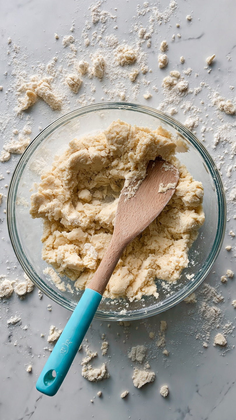 A close-up image shows a light beige biscuit with a layered, fluffy texture and a round shape. The biscuit has multiple visible layers, with soft, slightly crumbly edges. A wooden brush with silver decorative metal near the bristles is gently brushing melted butter on the top, making it shiny and glistening. The biscuit rests on a piece of parchment paper with a dusting of flour visible around it. The background has a white marbled texture with other similar biscuits blurred out in the distance. photo taken with an iphone --ar 4:5 --v 7