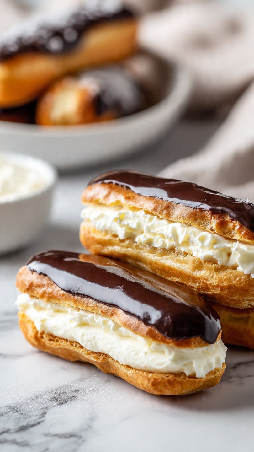 Two chocolate eclairs are shown cut in half, placed on a white marbled surface. Each eclair has three visible layers: a light golden-brown, crispy pastry shell forming the outer layer, a thick white creamy filling inside, and a smooth, dark chocolate glaze on top. The glaze covers the top fully, shining under the light. In the background, there is a soft out-of-focus white bowl holding more eclairs. The overall lighting is bright and natural, highlighting the textures and colors of the eclairs. Photo taken with an iphone --ar 4:5 --v 7