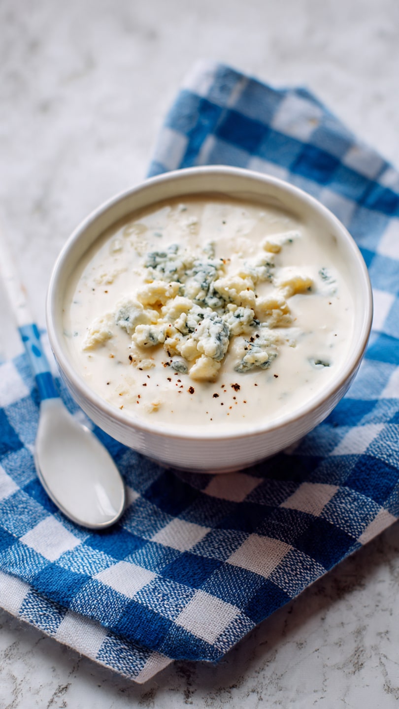 A light beige bowl filled with creamy white dip that has a smooth texture with small chunks, topped with crumbled pieces of blue cheese and sprinkled with black pepper. The bowl sits on a blue and white checkered cloth on a white marbled surface. Next to the bowl is a spoon with a blue and white handle. In the background, several fresh green celery sticks lay on the white marbled surface. photo taken with an iphone --ar 4:5 --v 7