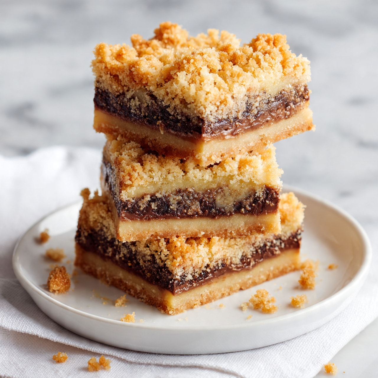 Three square bars stacked on a white plate, each bar showing two layers: a thick, golden brown crumbly top and bottom layer, and a dark, dense, slightly textured middle layer filled with small bits, likely chocolate or fruit. The plate sits on a soft white cloth over a white marbled surface, with some small crumbs scattered around the bars. The photo taken with an iphone --ar 4:5 --v 7