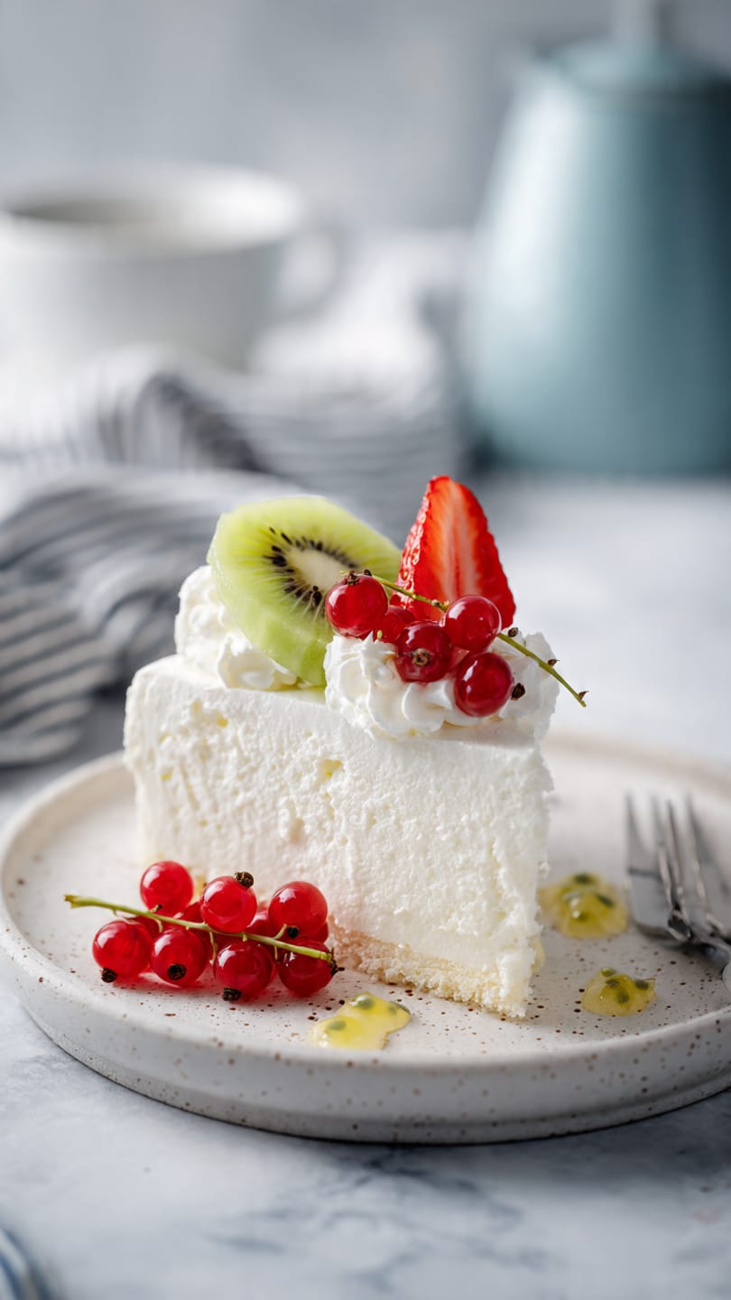 A large pavlova with one thick bottom layer of white meringue that has a crisp, fluffy texture and wavy, folded edges. On top of the meringue is a thick layer of smooth white cream spread evenly. The cream is topped with thinly sliced bright green kiwi pieces arranged in a scattered layout, along with vibrant red strawberry halves and small clusters of shiny red currants. Some black passion fruit seeds are sprinkled sporadically over the fruit. The pavlova sits on a metal cake stand with holes in the edges, placed on a white marbled surface with a blue and white striped cloth draped nearby. Photo taken with an iphone --ar 4:5 --v 7