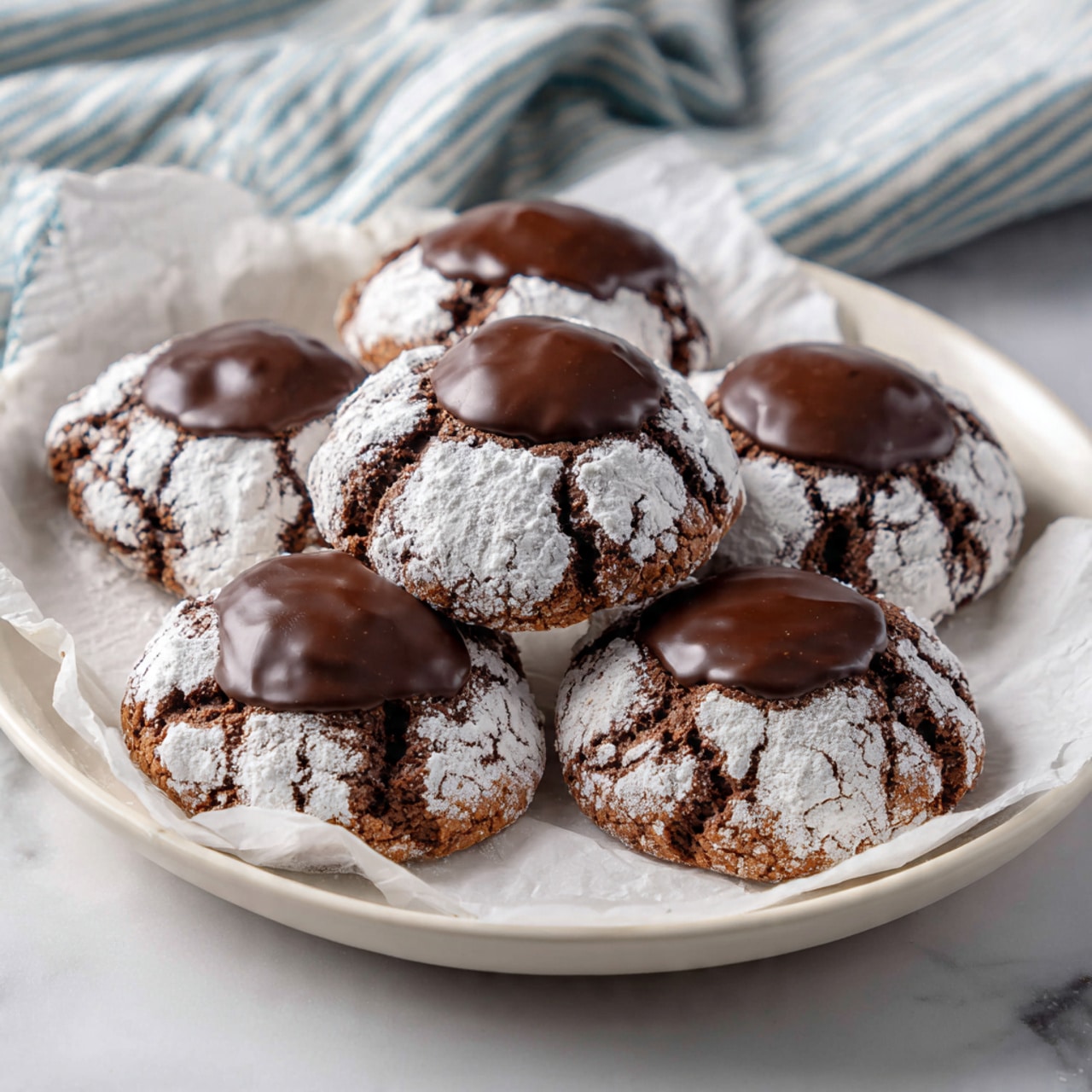 This image shows six chocolate crinkle cookies on a metal cooling rack placed on a white marbled surface. Each cookie has a cracked, dark brown outer layer with powdered sugar scattered in the cracks, creating a textured look. In the middle of each cookie sits a smooth, shiny, thick round chocolate disc that contrasts with the crumbly cookie base. A white cloth with blue stripes is partially visible in the bottom left corner. The overall setting is bright and clean. photo taken with an iphone --ar 4:5 --v 7