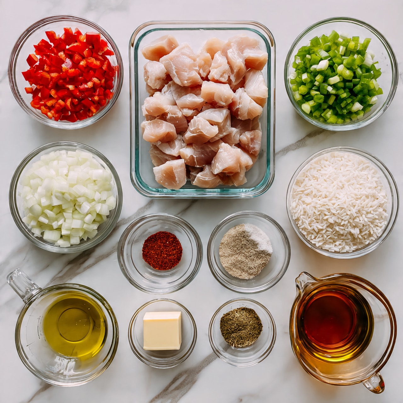 The image shows a set of ingredients placed on a white marbled surface. There is a total of eleven clear glass bowls and dishes containing different items. At the center is a rectangular glass container filled with raw, cubed light pink chicken pieces. Surrounding it are round glass bowls holding chopped white onions, diced green bell peppers, diced red bell peppers, minced garlic, white rice grains, and small portions of different spices and seasonings including a mix of salt and pepper, a reddish spice, and a brown spice blend. There is also a small round bowl with a square of butter, a small round bowl with a golden liquid that looks like olive oil, and a larger measuring cup filled with light brown broth. The overall layout is neat, with the ingredients organized in a balanced way. photo taken with an iphone --ar 4:5 --v 7
