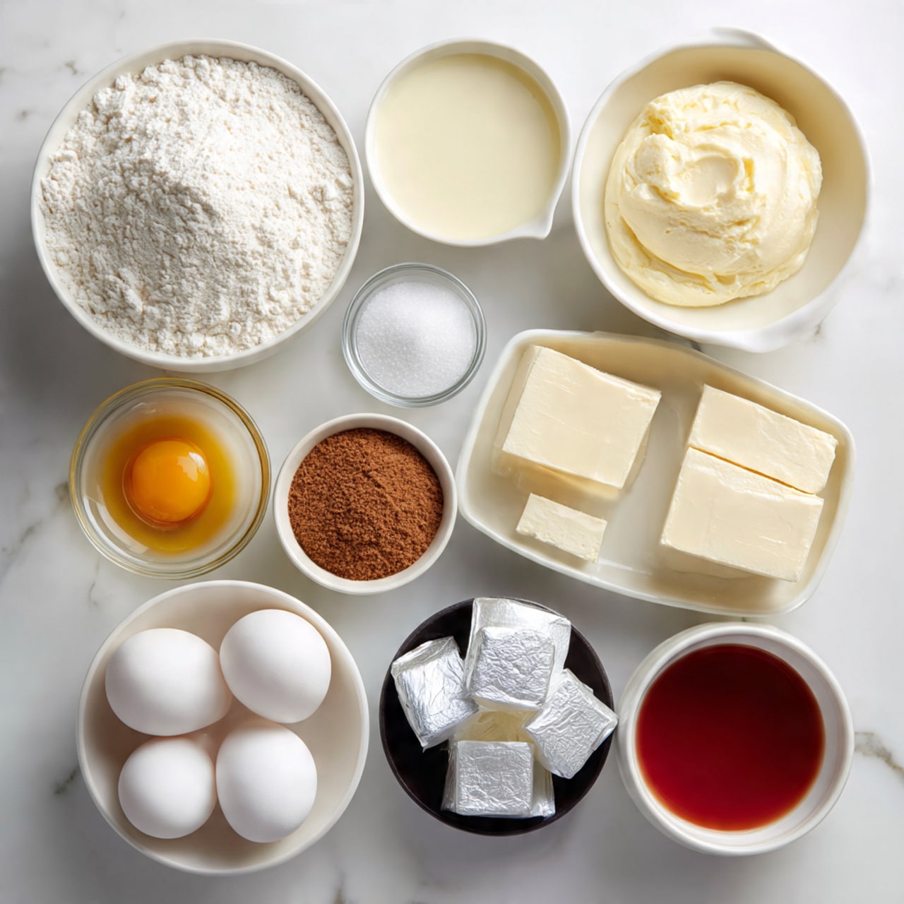 A top-down view of 15 small bowls and cups arranged neatly on a white marbled surface, each holding different baking ingredients. Starting from the bottom left, there is a white bowl filled with white flour, next to it a white bowl with liquid cream, and above it a larger white bowl with a pale yellow liquid. Above that are two small transparent bowls with white salt and an egg. To the right, a white square bowl holds brown powder, next to it a transparent bowl with white granulated sugar, and below that a small white bowl with amber liquid. To the right, a small white cup holds cream cheese blocks wrapped in silver foil inside a white bowl. Above is a white cup with red thick liquid, with three white eggs in a black bowl to its left. On the top left are two small round bowls, one with white powder and the other with white baking powder. All bowls are placed on a smooth white marbled surface. photo taken with an iphone --ar 4:5 --v 7