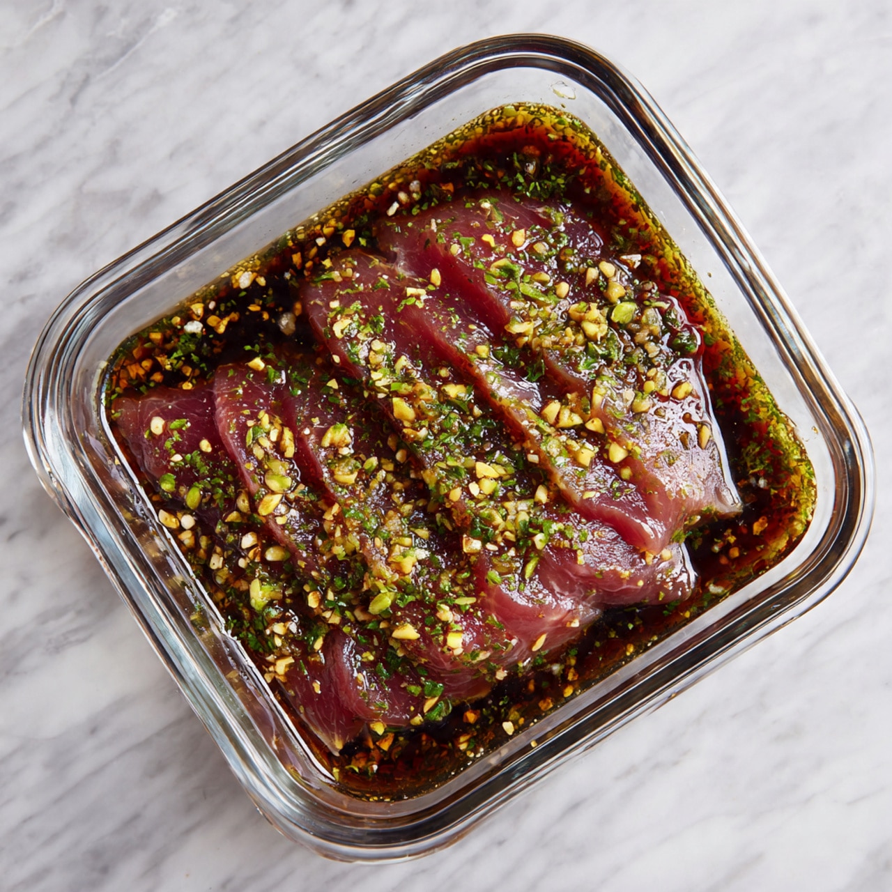 A pile of sliced grilled beef arranged on a white marbled surface. The beef is cut into thick and thin strips, showing a dark brown, slightly charred outer layer with a juicy, reddish-brown inside. Some pieces have visible grill marks and a slight crust of seasoning. The texture looks tender with a few small herbs sprinkled on top. Photo taken with an iphone --ar 4:5 --v 7
