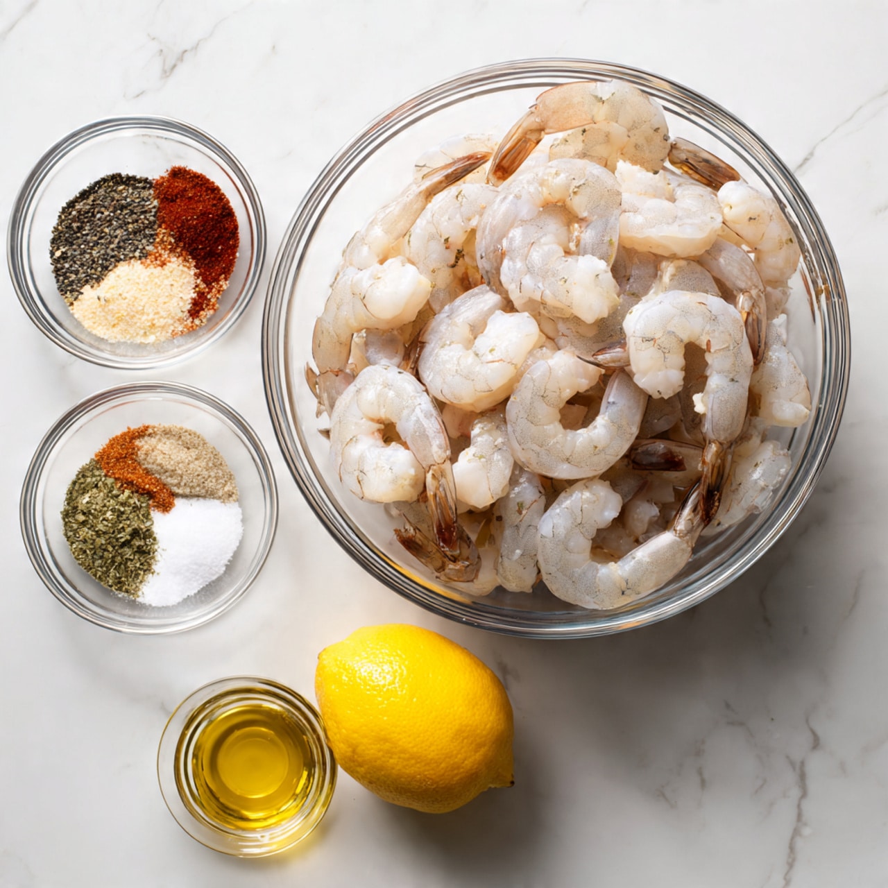 The image shows a large clear glass bowl filled with raw peeled shrimp, pale pink and white with their tails on, arranged loosely inside. To the left of the bowl are three smaller clear glass dishes: one contains several mixed spices including black pepper, salt, green herbs, red chili powder, and garlic powder arranged in small piles; another holds a whole bright yellow lemon; and the third is a small clear glass container with golden olive oil. All items sit on a white marbled surface. Photo taken with an iphone --ar 4:5 --v 7