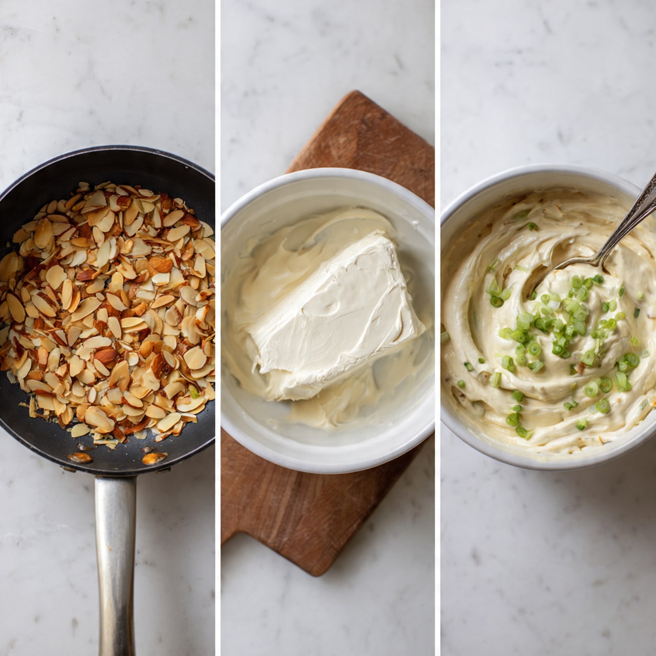 The image shows three side-by-side shots on a white marbled surface. The first shot has a black frying pan filled with toasted almond slices that are golden brown and slightly uneven in size. The second shot displays a white bowl containing a solid white block of cream cheese on top of some creamy white mayo or yogurt, with chopped green onions on a wooden board nearby. The third shot features the same white bowl now filled with a smooth, creamy mixture with a spoon inside, ready for mixing. Photo taken with an iphone --ar 4:5 --v 7