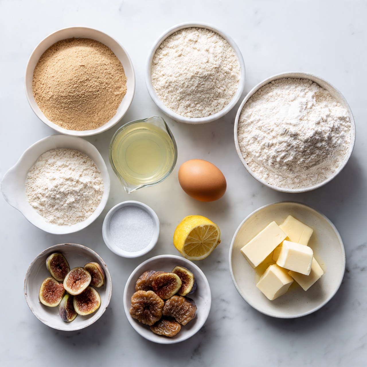 The image shows nine white bowls and plates with different ingredients arranged on a white marbled surface. At the top left, there is a small white bowl filled with light brown powder. Next to it, on the right, is a small white bowl with white flour. Next to the flour is a clear glass measuring cup filled with a pale yellow liquid. Below the flour, a small white plate holds a single brown egg. To the right of the egg is half a fresh lemon placed flat side down. Below the lemon, a small white bowl contains light brown dried figs. To the left of the figs is a small white bowl with white powder, likely baking soda or salt. Below the light brown powder is a small white bowl with several yellow butter pieces. All bowls and plates are evenly spaced, with the mix of textures like powder, liquid, and solid ingredients clearly visible. photo taken with an iphone --ar 4:5 --v 7