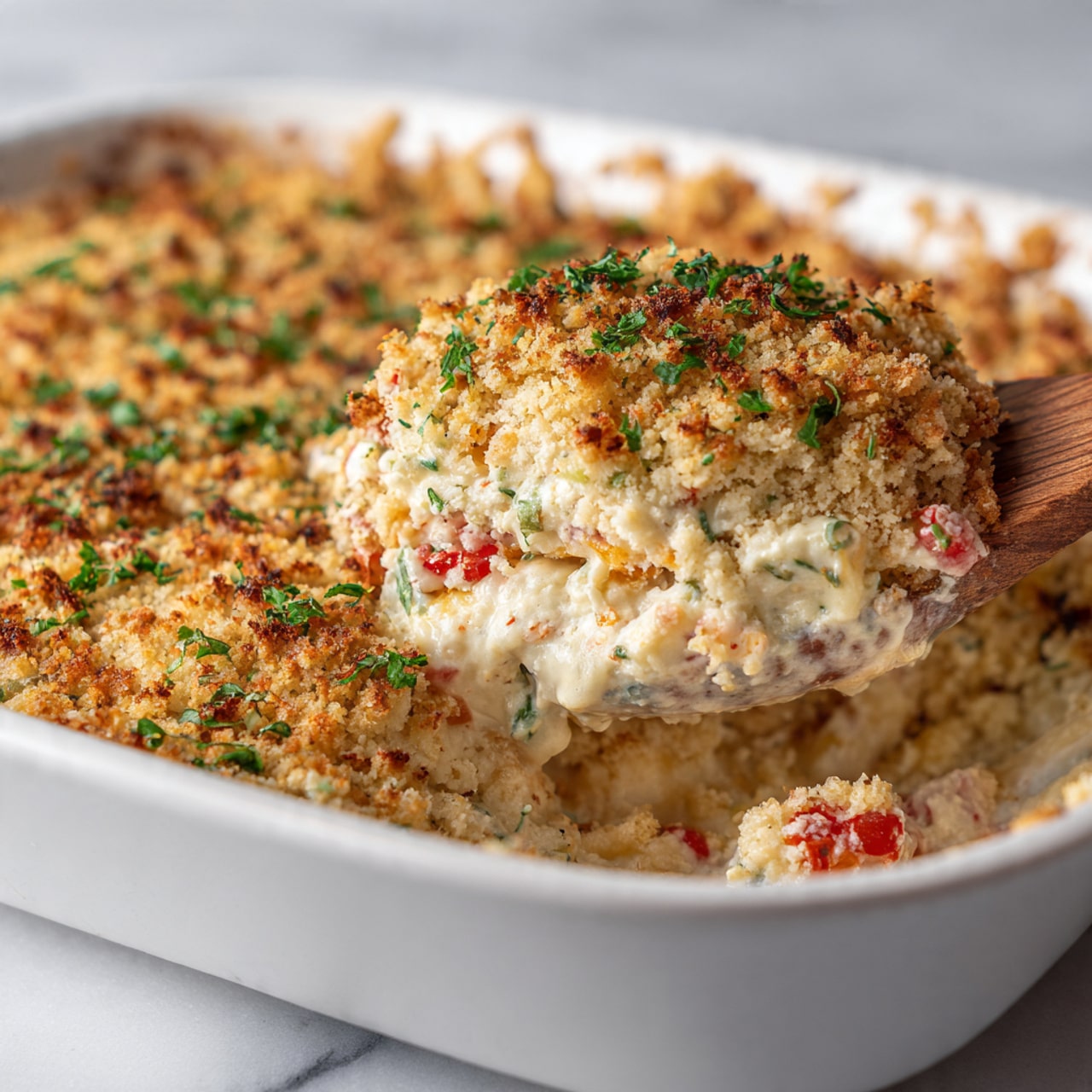 The image shows a rectangular white baking dish filled with a three-layer casserole. The bottom layer is creamy and orange, likely sweet potatoes or squash. The middle layer appears thicker and lighter in color, possibly a cheesy mixture. The top layer is a crumbly golden-brown streusel with small green herb bits scattered across. The dish sits on a white marbled surface with a white and blue checkered cloth partly visible underneath. To the left, there is a round white bowl with crackers and a small white dish with sliced almonds. On the right, part of a wooden spoon is visible along with some fresh green herbs. Photo taken with an iphone --ar 4:5 --v 7