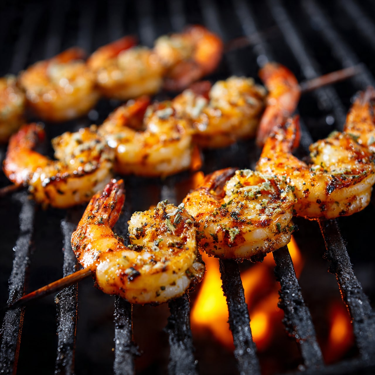 The image shows a white oval plate with four wooden skewers of grilled shrimp, arranged side by side, each skewer holding around 6 to 7 shrimp that are pink with light charring and black grill marks, giving them a slightly crisp look. The shrimp are garnished with small green parsley bits scattered over them. Around the skewers, there are five lemon wedges placed in the corners and the sides of the plate, adding bright yellow accents. The plate is set on a white marbled surface with a blue and white striped cloth partially visible at the bottom left. In the top right corner, there is a small white bowl filled with chopped green herbs. Photo taken with an iphone --ar 4:5 --v 7