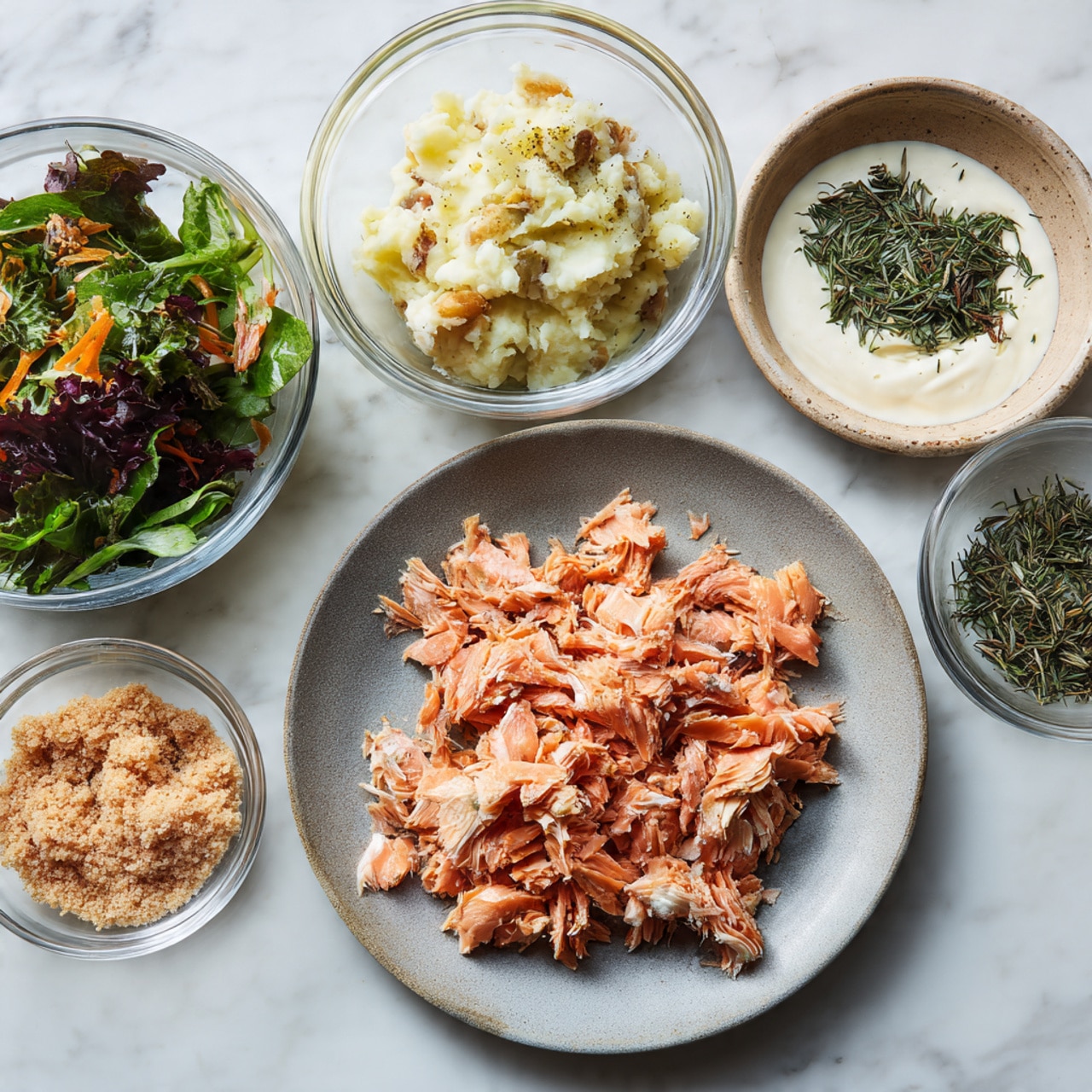 The image shows a close-up of a golden-brown patty with a rough, crumbly texture mixed with bits of herbs and small orange pieces throughout. The patty is placed on a bed of fresh green lettuce leaves that add a bright contrast. It sits on a white plate with a simple dotted border pattern. The background is a white marbled surface, and the focus is on the detailed texture and colors of the patty and lettuce. photo taken with an iphone --ar 4:5 --v 7