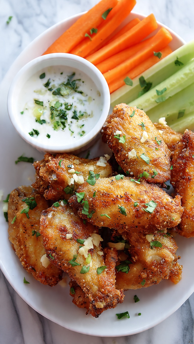 A white plate holds a pile of golden brown fried chicken wings with a crispy texture, each piece sprinkled with chopped garlic and fresh green herbs. Behind the wings, there is a small white bowl filled with thick white dipping sauce garnished with green herbs. To the left of the bowl, bright orange carrot sticks are lined up, and to the right, sliced green cucumber pieces are partially visible. All is set on a white marbled surface. Photo taken with an iphone --ar 4:5 --v 7