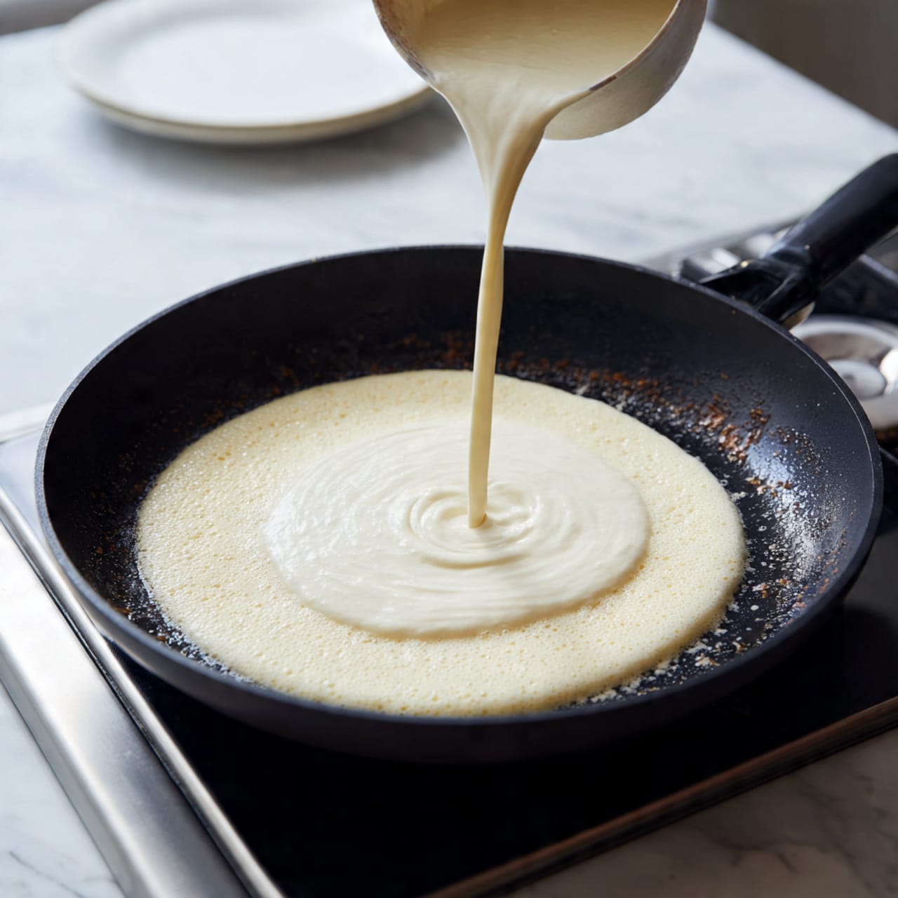 Three rolled crepes with light golden brown spots lay side by side in the center of a white textured plate. To the right of the crepes, a bright yellow lemon wedge rests, adding a fresh touch. The plate sits on a deep blue cloth with a subtle ribbed pattern. Above the plate, there are three whole lemons with a green leaf attached to one, placed on a white marbled surface. To the left of the plate, a silver fork rests on a folded cloth napkin with floral stitching, while a shiny silver knife is positioned to the right of the plate. The scene is bright and clear, showing the simple and fresh breakfast setup, photo taken with an iphone --ar 4:5 --v 7