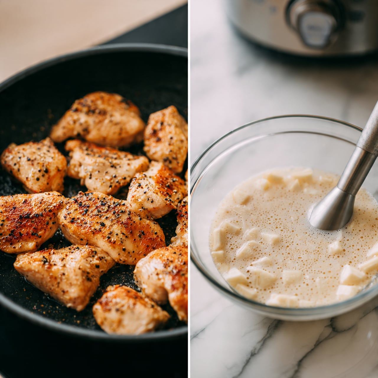 The image shows two side-by-side photos: on the left, several pieces of cooked chicken seasoned with pepper, arranged in a black pan, with a slightly golden-brown color and visible grill marks; on the right, a clear glass mixing bowl filled with small white chopped pieces in a milky liquid, and a silver immersion blender inside the bowl. The background features a white marbled surface and a blurred appliance in the back. photo taken with an iphone --ar 4:5 --v 7