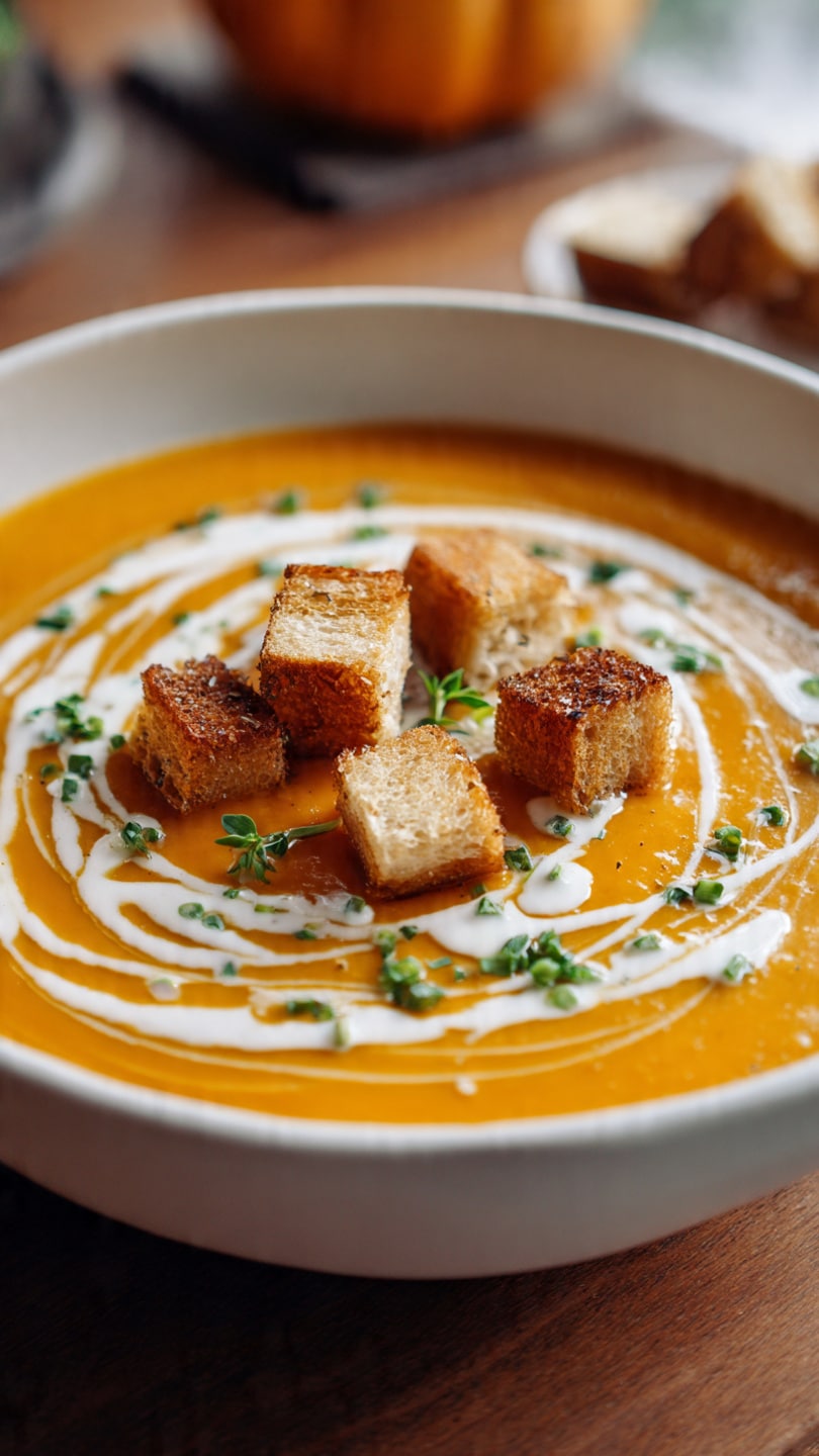 A white bowl filled with smooth orange soup forms the base layer, topped with swirls of creamy white sauce creating a marbled effect. On top of this, there are several small, golden brown toasted bread cubes placed near the center. Scattered across the surface are small pieces of chopped green herbs, adding a fresh contrast to the warm colors. The soup rests on a warm brown wooden table, with some blurred background elements around it. Photo taken with an iphone --ar 4:5 --v 7