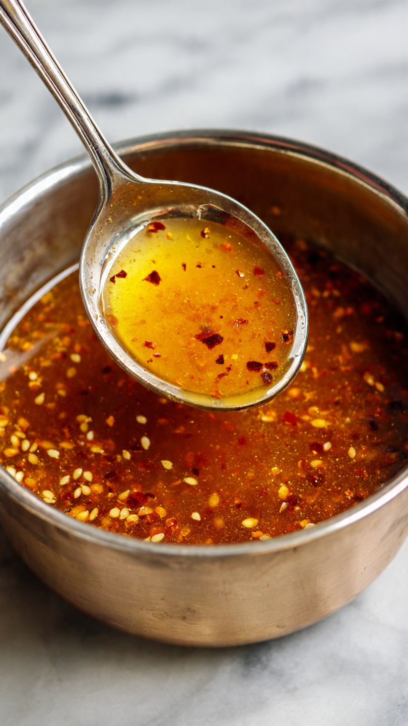 A close-up image of shiny silver metal pot with a golden brown sauce inside, showing small red chili flakes and seeds floating in it. A silver spoon is dipped in the sauce, filled with a thick layer of the golden brown sauce and chili flakes. The pot sits on a white marbled surface, highlighting the rich color and texture of the sauce photo taken with an iphone --ar 4:5 --v 7