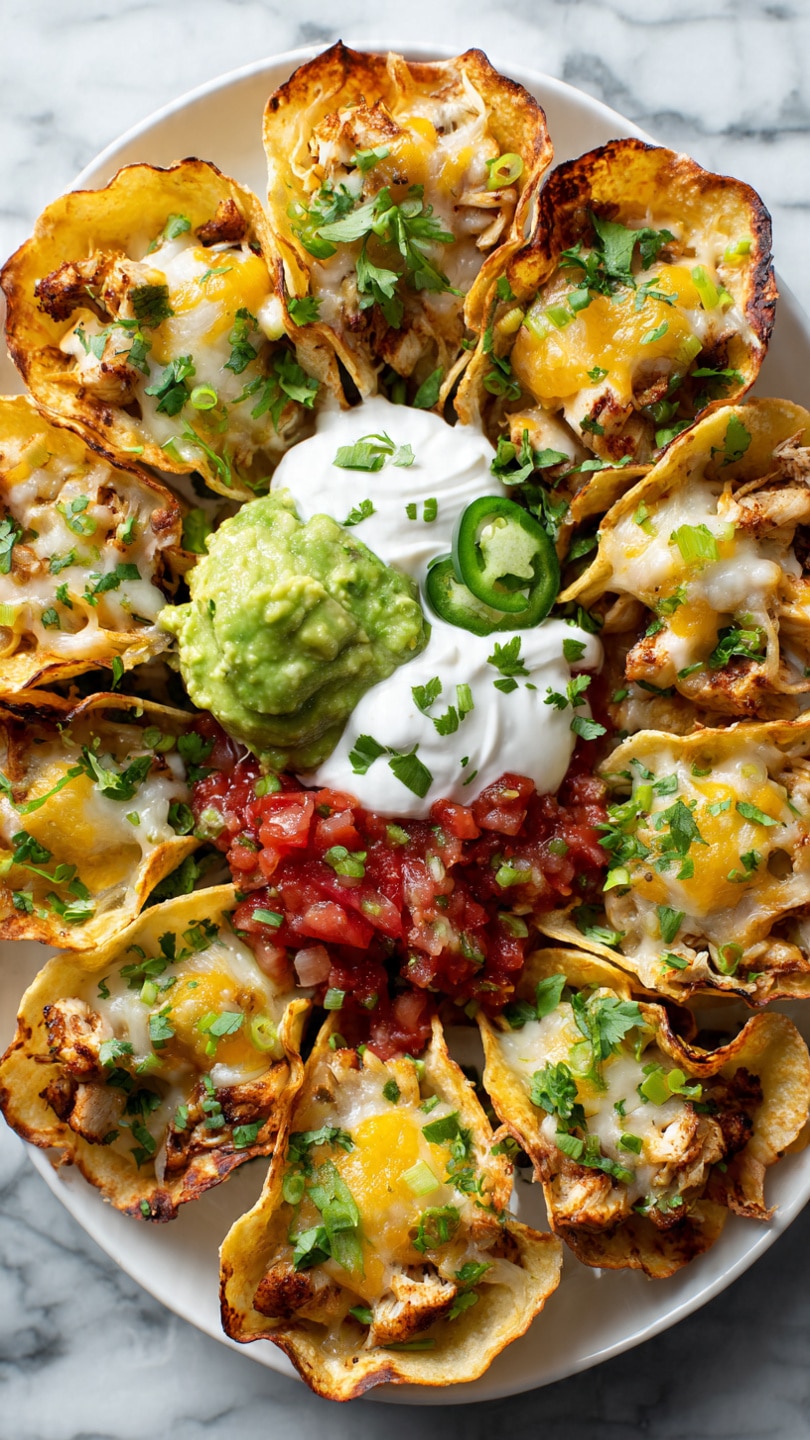 A white oval plate holds a pile of 12 golden, crispy taco shells filled with melted cheese and small pieces of light brown chicken. The tacos are topped with chopped green onions, fresh green cilantro, and small bits of red onion scattered all over. In the center of the plate, there are three small dollops: bright green guacamole, white sour cream, and chunky red salsa with chopped onions. Around the plate, lime wedges and a small blue bowl with lime slices sit on a white marble surface with light grey veins. Two whole green jalapeños appear near the top edge. The scene looks fresh and colorful, with the tacos arranged in a circular pattern around the sauces. Photo taken with an iphone --ar 4:5 --v 7