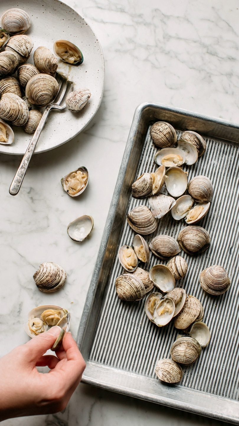 The image shows four clam shells filled with a crumb topping that is golden brown and slightly crispy, with toasted bits adding texture. Each shell has a layer of green herb leaves scattered on top, adding a fresh look with vibrant green color. The clams rest on a white marbled surface that adds a clean, bright background. In the corner, there is a wedge of lemon with a pale yellow color, slightly shadowed, adding a fresh and zesty element to the scene. Photo taken with an iphone --ar 4:5 --v 7