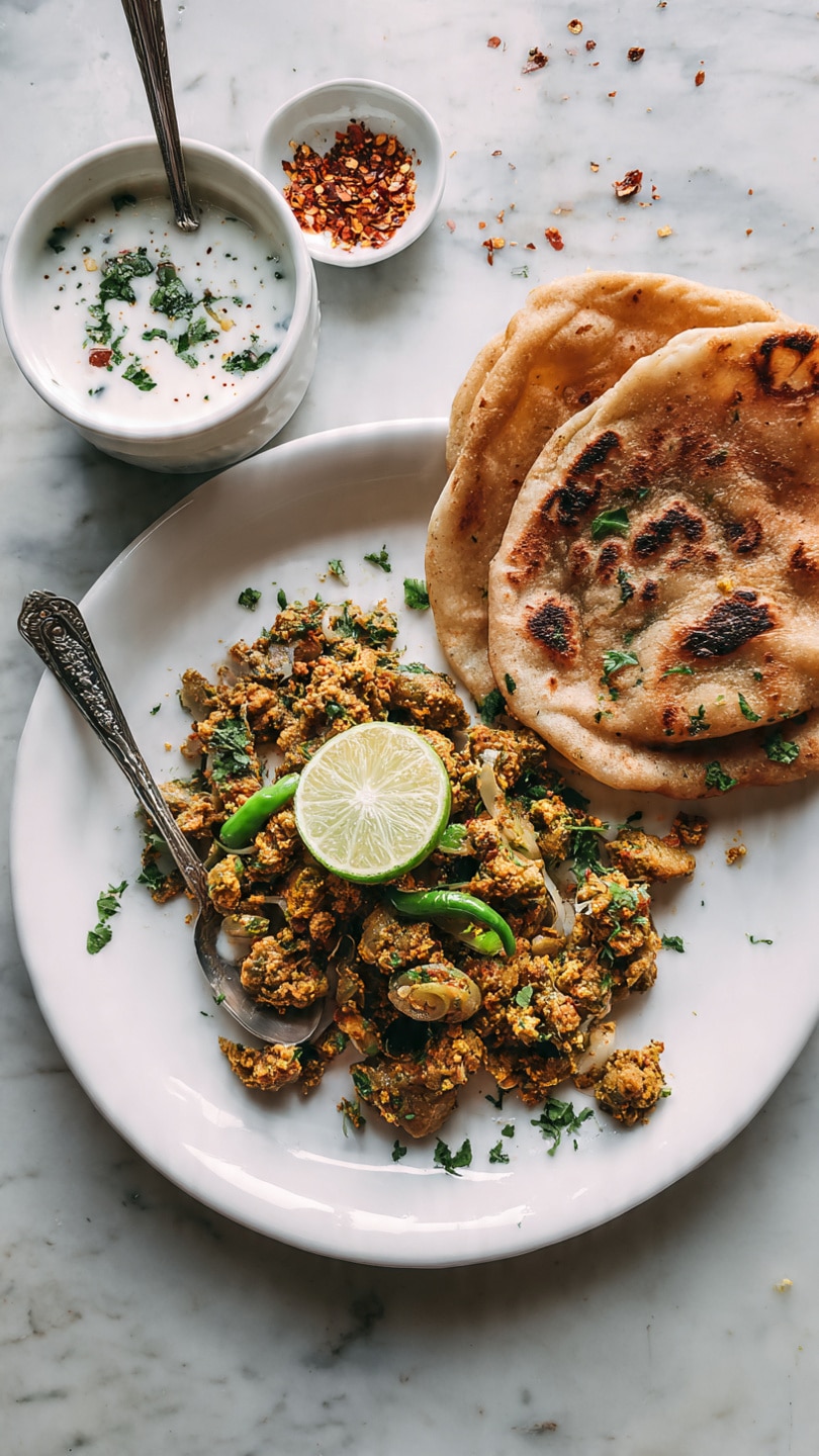 A white bowl filled with a single layer of cooked minced meat that has a crumbly texture and brown color mixed with small green herb pieces and red chili flakes, placed on a white plate. The background is a white marbled surface with some scattered green herb bits around the bowl. A small portion of another white bowl with a creamy white sauce and green garnish is visible in the top right corner. Photo taken with an iphone --ar 4:5 --v 7