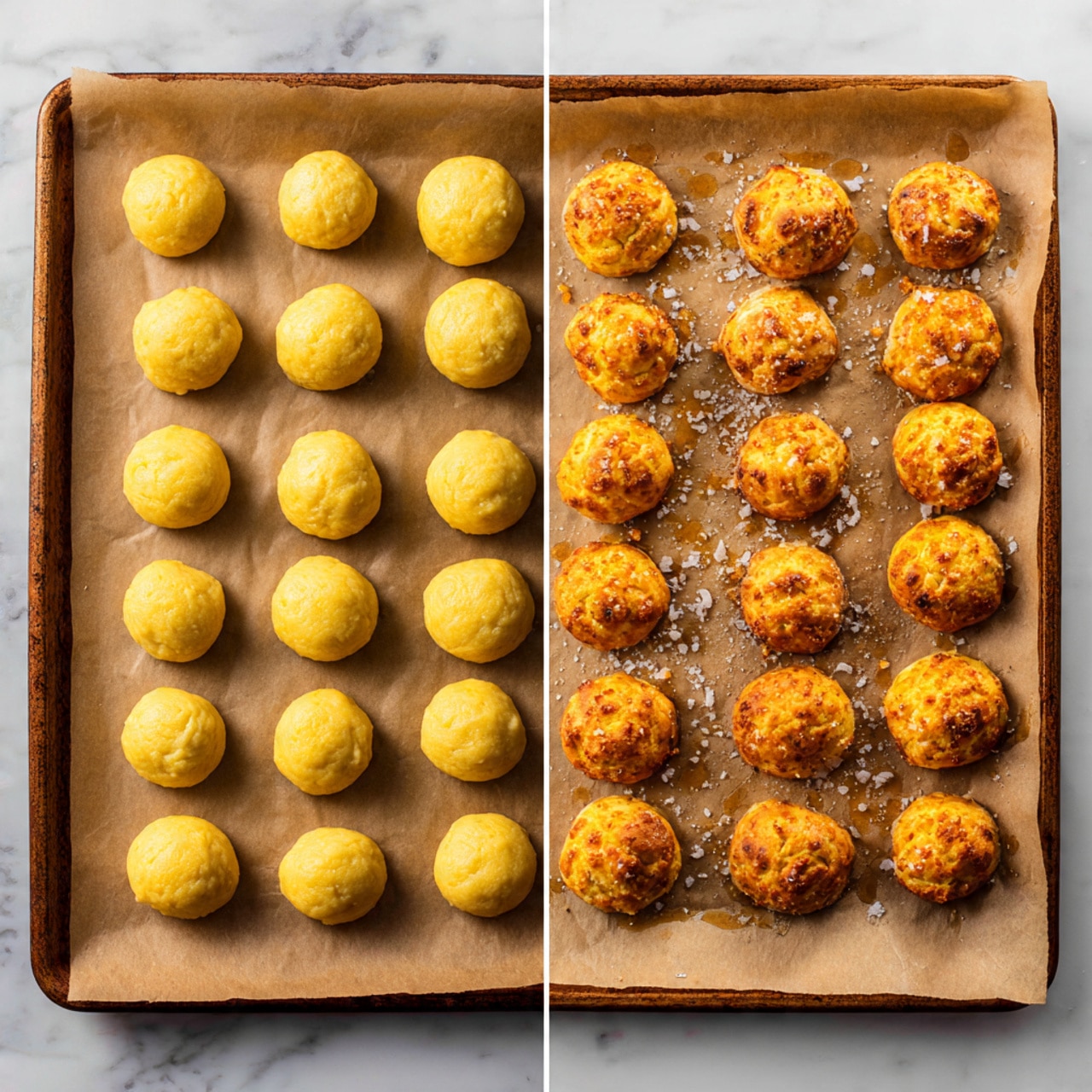 The image shows two side-by-side views of small yellow dough balls on brown parchment paper, placed on a white marbled surface. On the left side, there are 24 smooth, round, yellow dough balls arranged in four vertical rows, each ball having a slightly shiny, soft texture. On the right side, the dough balls have been baked into golden-brown small buns, each with a rough, swirled top layer with darker orange and brown spots, and some sprinkled with coarse salt. The buns have a crispy, textured look and are spread evenly across the parchment paper with some areas showing slight oil stains. Photo taken with an iphone --ar 4:5 --v 7