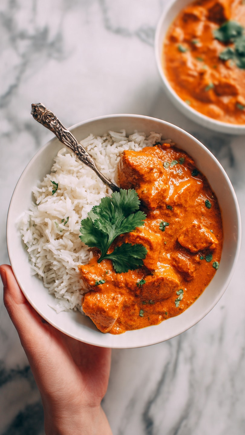 A silver bowl filled with thick, rich orange curry with chunks of meat covered in the sauce. There are swirls of white cream mixed lightly on top and small green chopped herbs scattered over it. A silver spoon is scooping some curry from the bowl, showing the smooth texture of the sauce and tender pieces beneath. The bowl is placed on a white marbled surface with a blue textured cloth and bits of green leaves near the edge. photo taken with an iphone --ar 4:5 --v 7