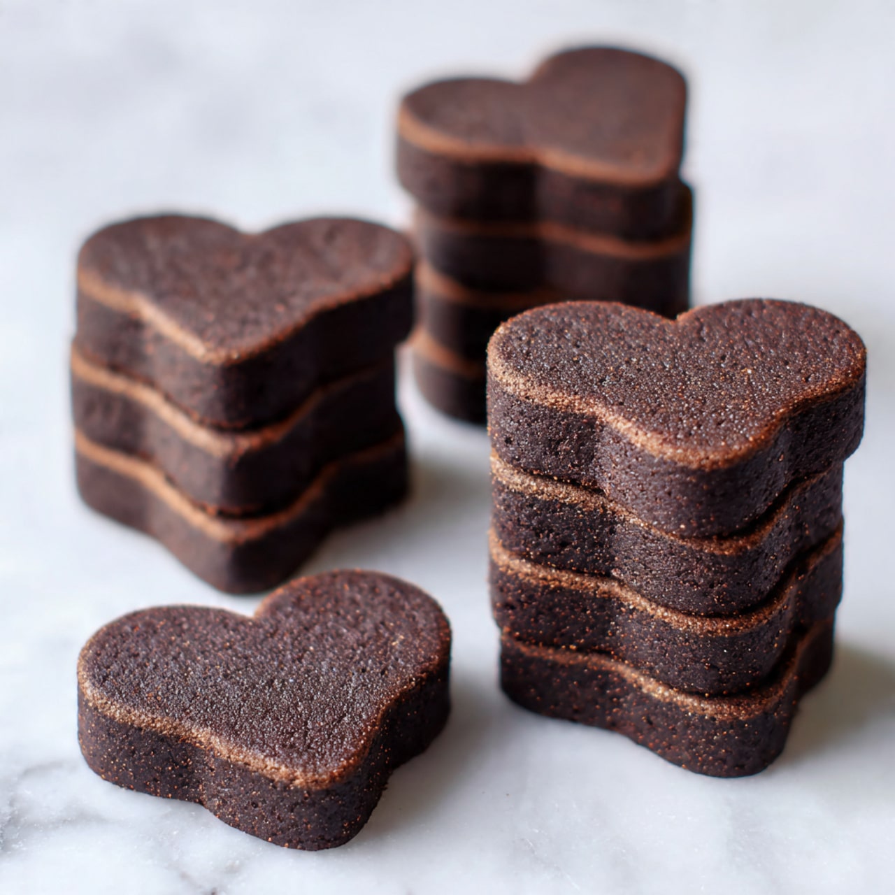 A white rectangular dish filled with dark brown cookies shaped like stars and hearts, arranged neatly with some cookies overlapping. The cookies have a smooth texture and matte finish. Around the dish, extra star-shaped cookies are scattered on a white marbled surface. The lighting is soft and natural, highlighting the rich brown color of the cookies. photo taken with an iphone --ar 4:5 --v 7