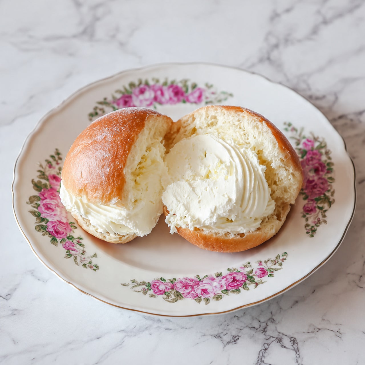 The image shows a soft, shiny brown bun topped with a thick swirl of white whipped cream, with a smaller round piece of the bun placed on top of the cream. Powdered sugar is being sprinkled over the top layer, adding a light dusting. In the background, there are more plain brown buns placed on a black cooling rack. The surface beneath the rack is a white marbled texture. photo taken with an iphone --ar 4:5 --v 7