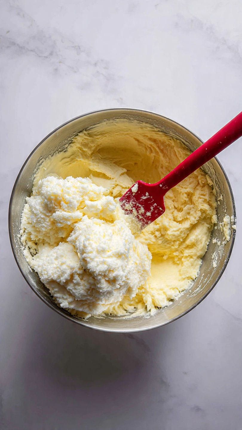 A metal mixing bowl sits on a white marbled surface, containing two main layers of mixture. One layer is yellowish and dense, positioned mostly on the right side, and the other is a fluffy, white layer placed on the left side inside the bowl. A red spatula is partially embedded in the yellow mixture, angled diagonally with its handle pointing towards the bottom right corner. The inside of the bowl has some bits of the yellow mixture stuck lightly to the sides. photo taken with an iphone --ar 4:5 --v 7