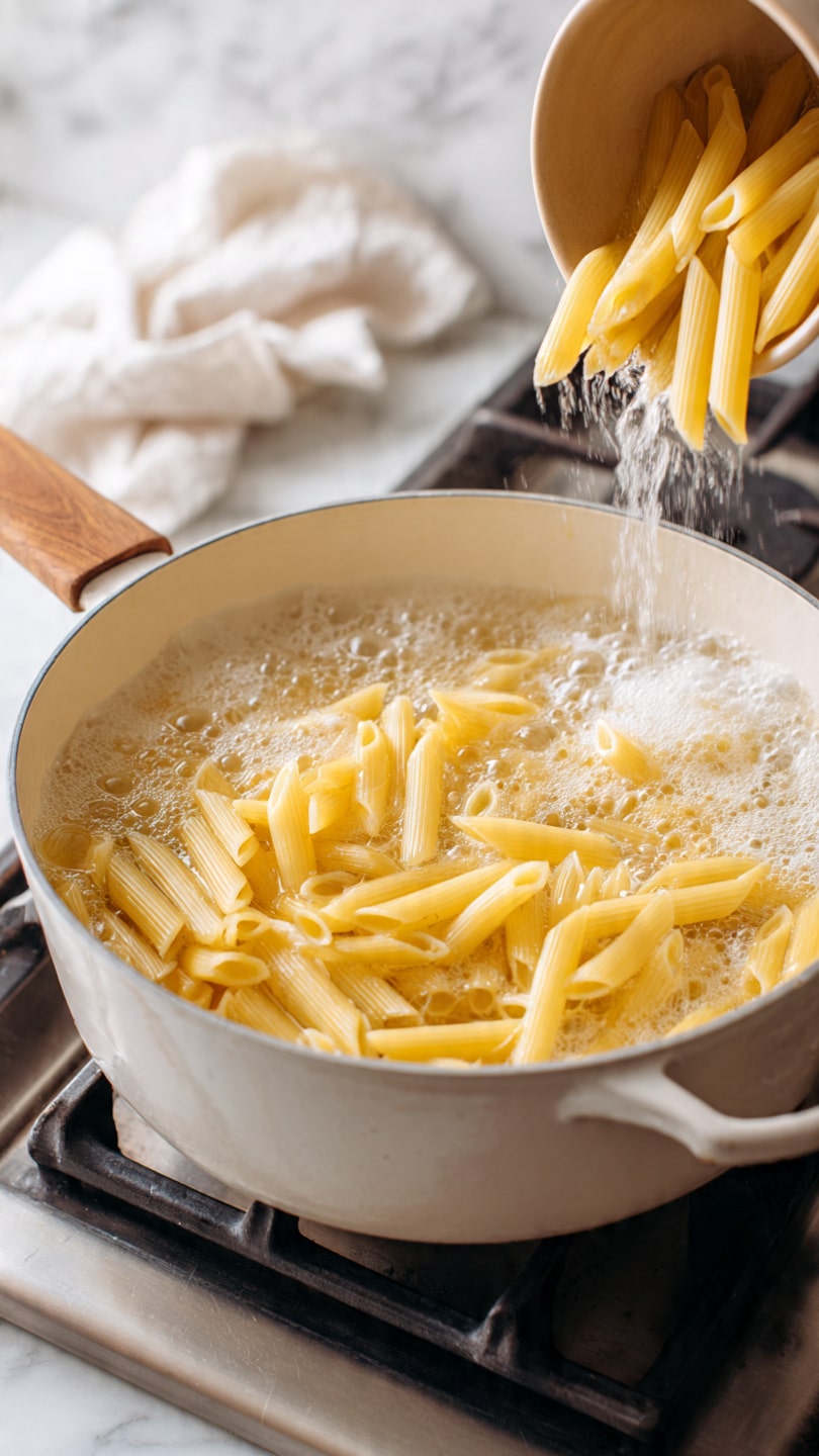 A white pot with a wooden handle filled with boiling water is placed on a gas stove with black grates. Dry yellow penne pasta is falling into the pot from a beige cup held above it. The background surface is white marbled and part of a white cloth is visible near the pot. The water inside the pot is bubbling actively as the pasta is added. photo taken with an iphone --ar 4:5 --v 7