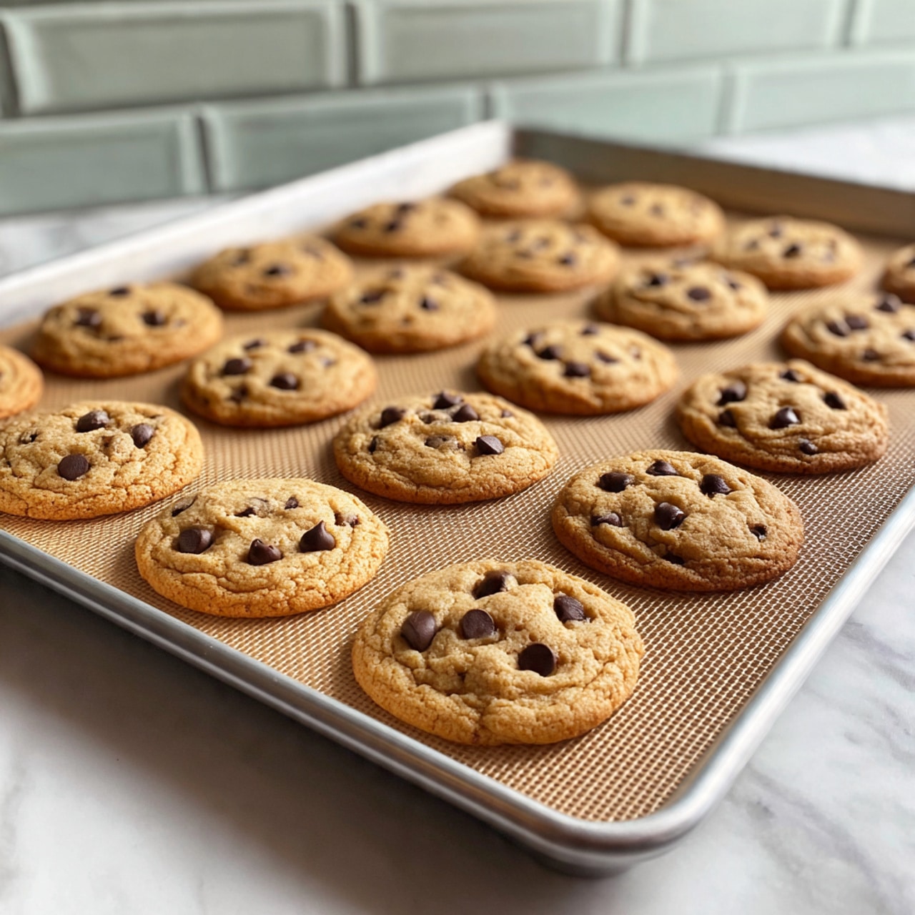 A metal baking tray with a textured mat holds three neat rows of round chocolate chip cookies, each cookie light brown with dark chocolate chips scattered evenly across the top. The cookies are spaced out and have a slightly crisp texture visible on their surface. They rest on a white marbled surface with a light green painted brick wall in the background. photo taken with an iphone --ar 4:5 --v 7