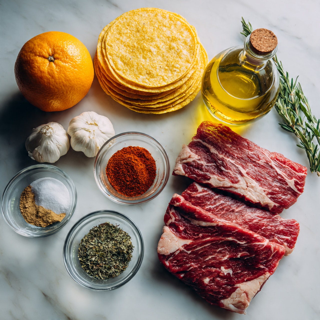 The image shows ingredients laid out on a white marbled surface, including two raw pieces of red meat with white fat marbling in a clear glass bowl on the right side. On the left, there are three yellow corn tortillas stacked, two peeled garlic cloves, a glass bottle of golden olive oil, a whole orange, and two small clear glass bowls containing various spices: one with a brown powder and the other divided into white salt, dried green herbs, and red chili powder. Photo taken with an iphone --ar 4:5 --v 7