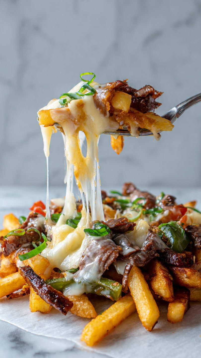 A white plate lined with white parchment paper shows a base layer of thick golden brown fries arranged in a loose pile. On top of the fries, there is a layer of thin green strips of cooked peppers mixed with thin slices of medium-cooked steak, showing some pink inside. Melted white cheese is drizzled over the peppers and steak, with small bits of orange pieces and chopped fresh green herbs scattered on top. The dish sits on a white marbled surface with a small white bowl filled with chopped orange and green vegetables visible in the top left corner. Photo taken with an iphone --ar 4:5 --v 7