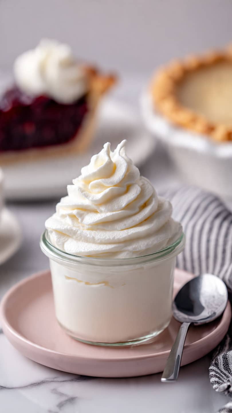 A clear small glass jar filled with two thick layers of smooth, creamy off-white whipped cream, the bottom layer swirled evenly and the top layer piped into a tall, soft peak with delicate ridges, placed on a light pink plate with a shiny metal spoon on the side, all set on a white marbled surface with a blurred neutral background. Photo taken with an iphone --ar 4:5 --v 7