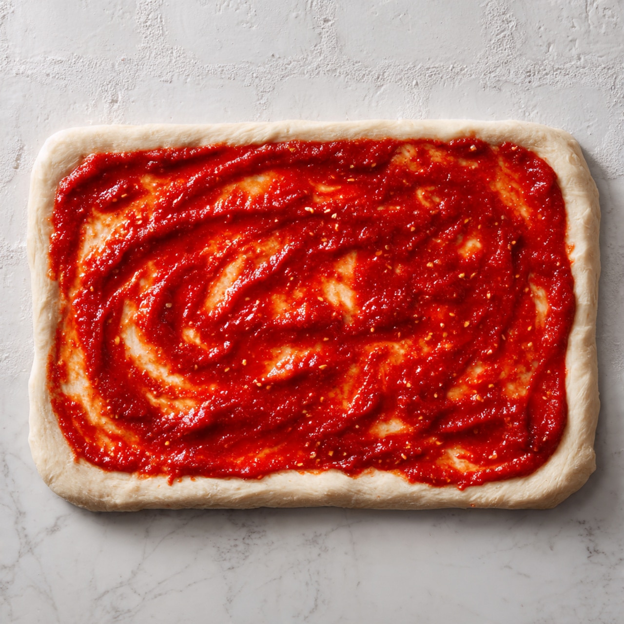 A rectangular piece of uncooked dough laid flat on a green surface is covered evenly with a layer of bright red tomato sauce, spread in swirling patterns that show slight texture from the sauce's thickness. The dough is pale and smooth, with soft edges, and the sauce has small bits visible mixed in, giving it a speckled look. The background is a white marbled texture with a white brick wall behind. Photo taken with an iphone --ar 4:5 --v 7